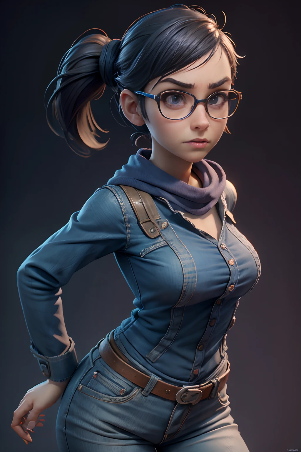 A 3D Pixar style Animation character development, featuring of a young woman nerd look, character spread sheet, blueprint, 3D realistic render, high resolution texture, dramatic lighting, expressive caricature, strong facial expression, dramatic intense perspective