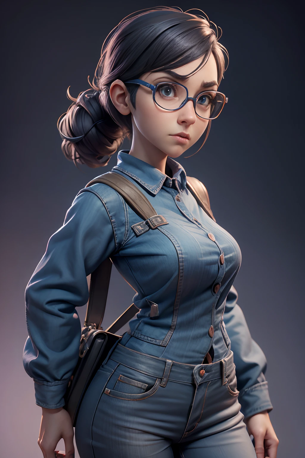 A 3D Pixar style Animation character development, featuring of a young woman nerd look, character spread sheet, blueprint, 3D realistic render, high resolution texture, dramatic lighting, expressive caricature, strong facial expression, dramatic intense perspective