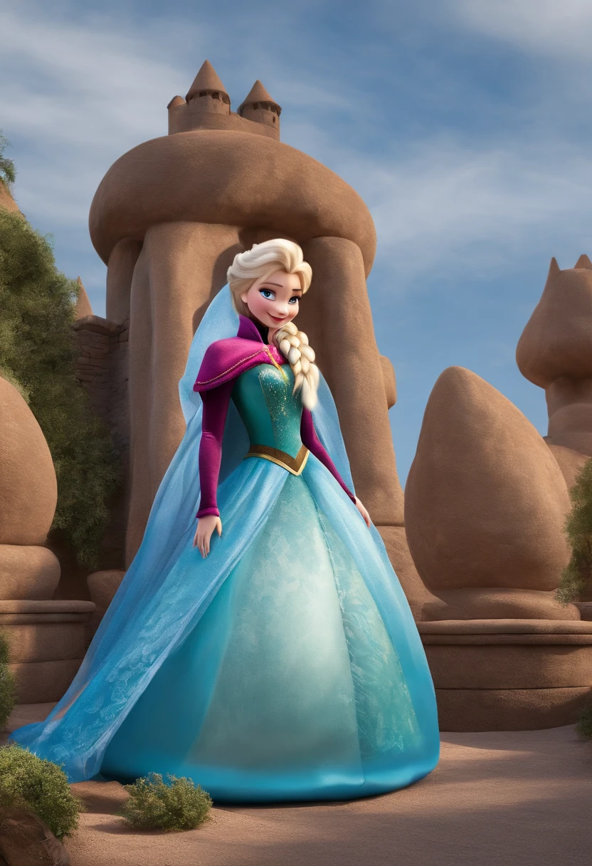 3D animated image of Anna and Elsa in a giant fluffy bean bag suit. Their bean bag suit inflates into a huge ball. Their faces are relaxed. From here you can only see their heads. Their limbs are hidden inside the bean bag suit. They bounce off the ground. They are in the castle.