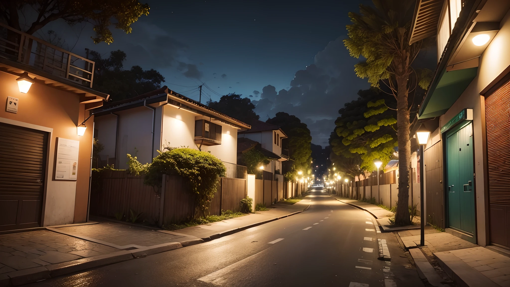 extremamente detalhado, melhor qualidade, very realistic, noite escura, rua esquisita e vazia, arvores e plantas, matagal, ambiente escuro, cidade, dois homens com capuz ao longe.