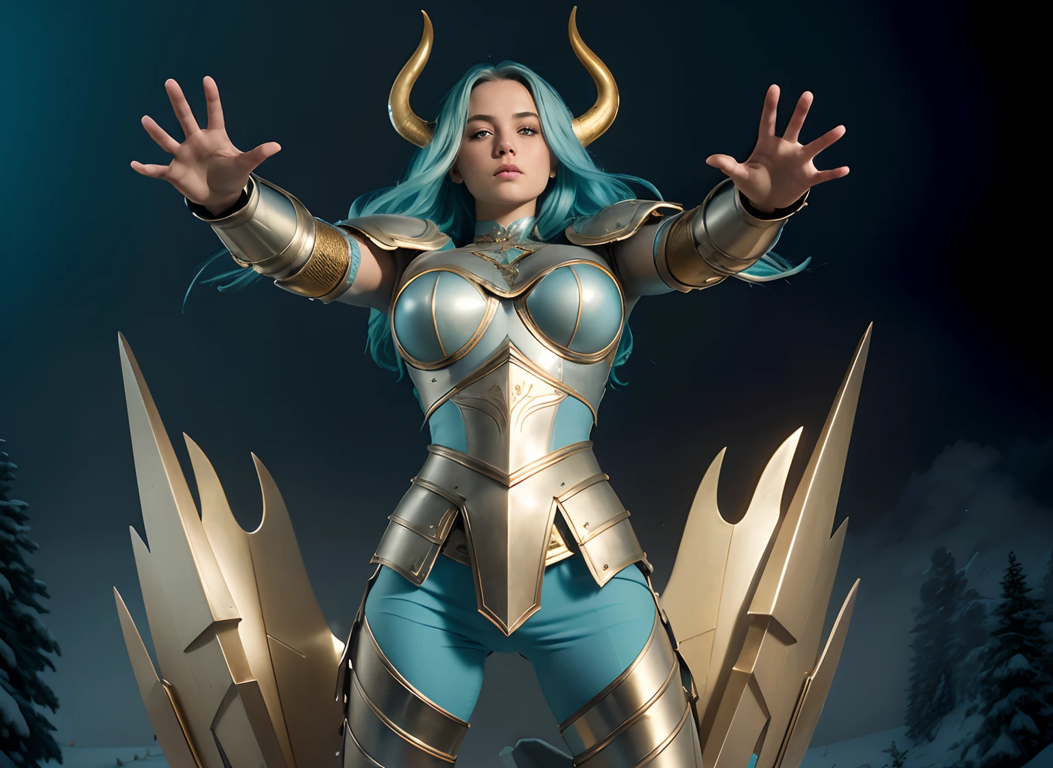 realistic), (cinematic shot), slightly low view. upper body of an beautiful young girl knight, 1girl, woman, in medieval armor, (detailed face), ((pretty big turquoise eyes)), with very long hair, (light blue hair), (long hair), ((messy hair)), ((bands)) blowing hair, (big breasts), near a snow castle at winter, golden armor, golden horns on helmet, (full body armor), ((bright intricate armor)), (light blue legging), (detailed armor, high quality), (ornate armor), (hdr), (noble), inspiring, film, cinematic lighting. ((light blue pants)). ((delicate face)). Full body-armor. Enlongated armor skirt protection. The most beautiful warrior. Ultrarealistic landscape. Retouch armor.