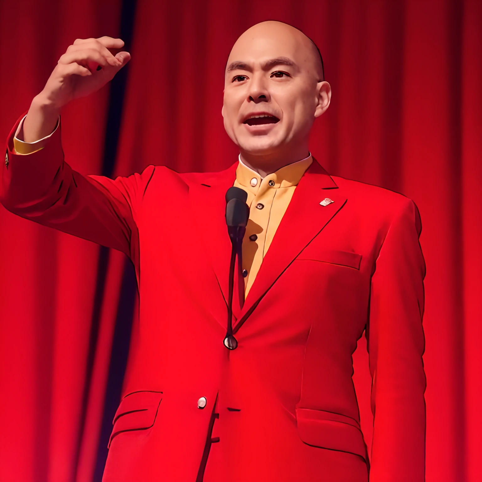 baldness、Male one、8K、Best Quality、realistic photo shot、(In a red suit:1.4)、(holding the mic:1.3)、Busaic、presentation