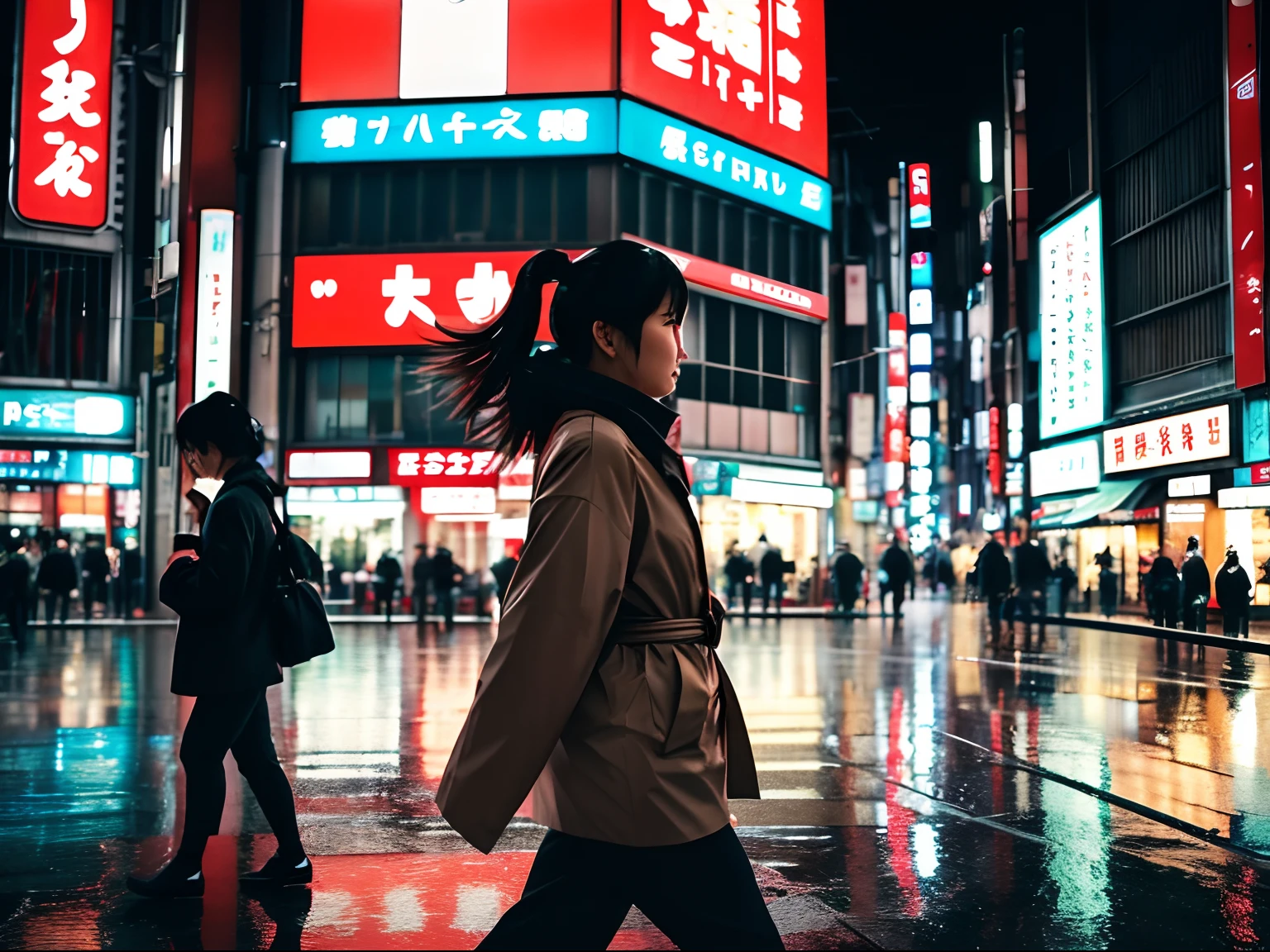 Highlight insanely beautiful Japanese woman, Tokyo crowd, light rain, early morning busy street scene, dynamic action poses, extremely happy festive moment, Holga photography, analog camera, lo-fi, detailed composition, cinematic lighting, cyclorama effect.