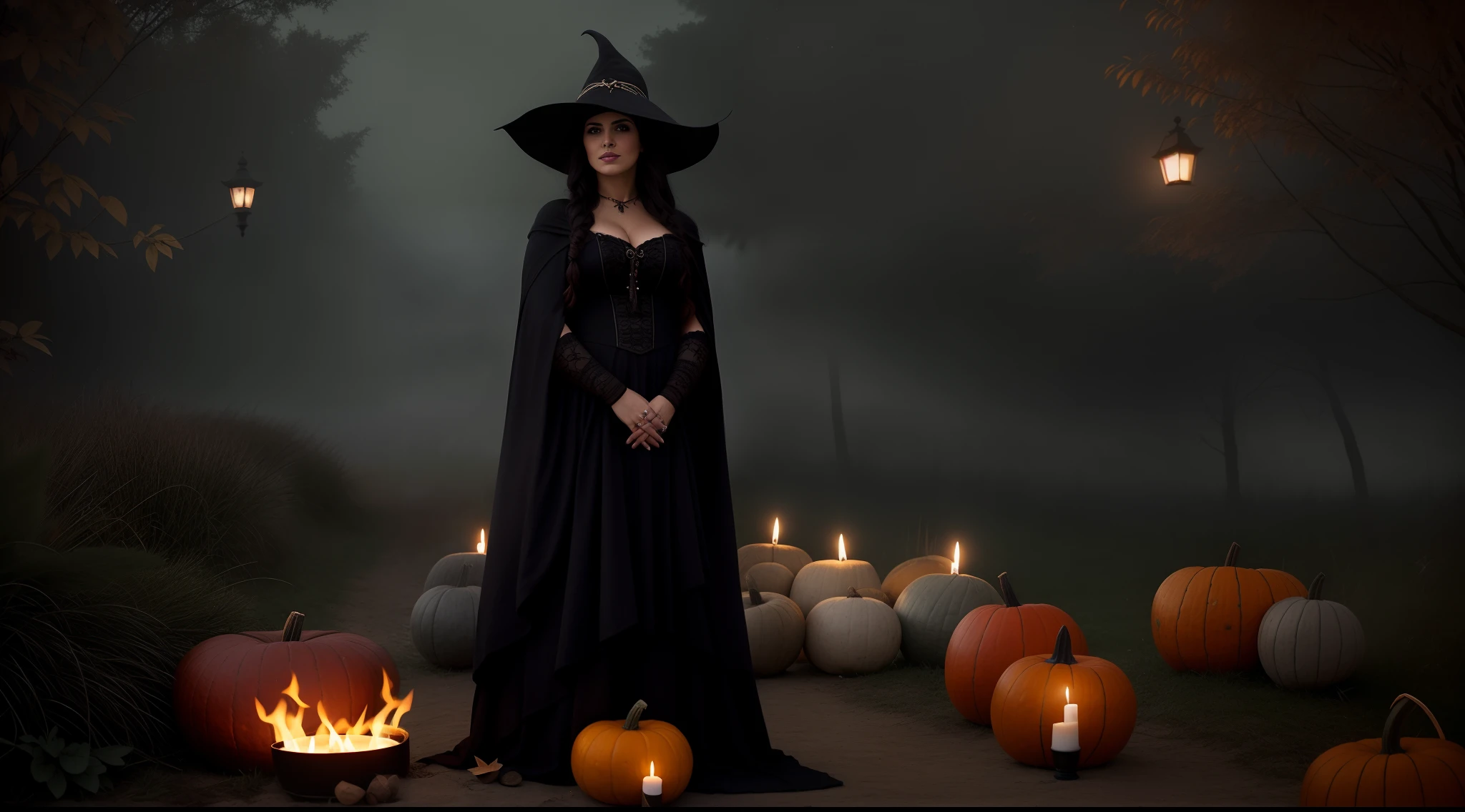 bruja con capa negra y sombrero de pie en un campo de calabazas, Hermosa bruja espeluznante hembra, Hermosa bruja femenina, hermosa bruja hembra, classical witch, Mujer Bruja, dark robed witch, una bruja, Hermosa bruja malvada, Cuento de hadas de brujas, Ropa de bruja, bruja, Bruja, Scarry pero hechizante, Ropa de bruja, Bruja de mediana edad