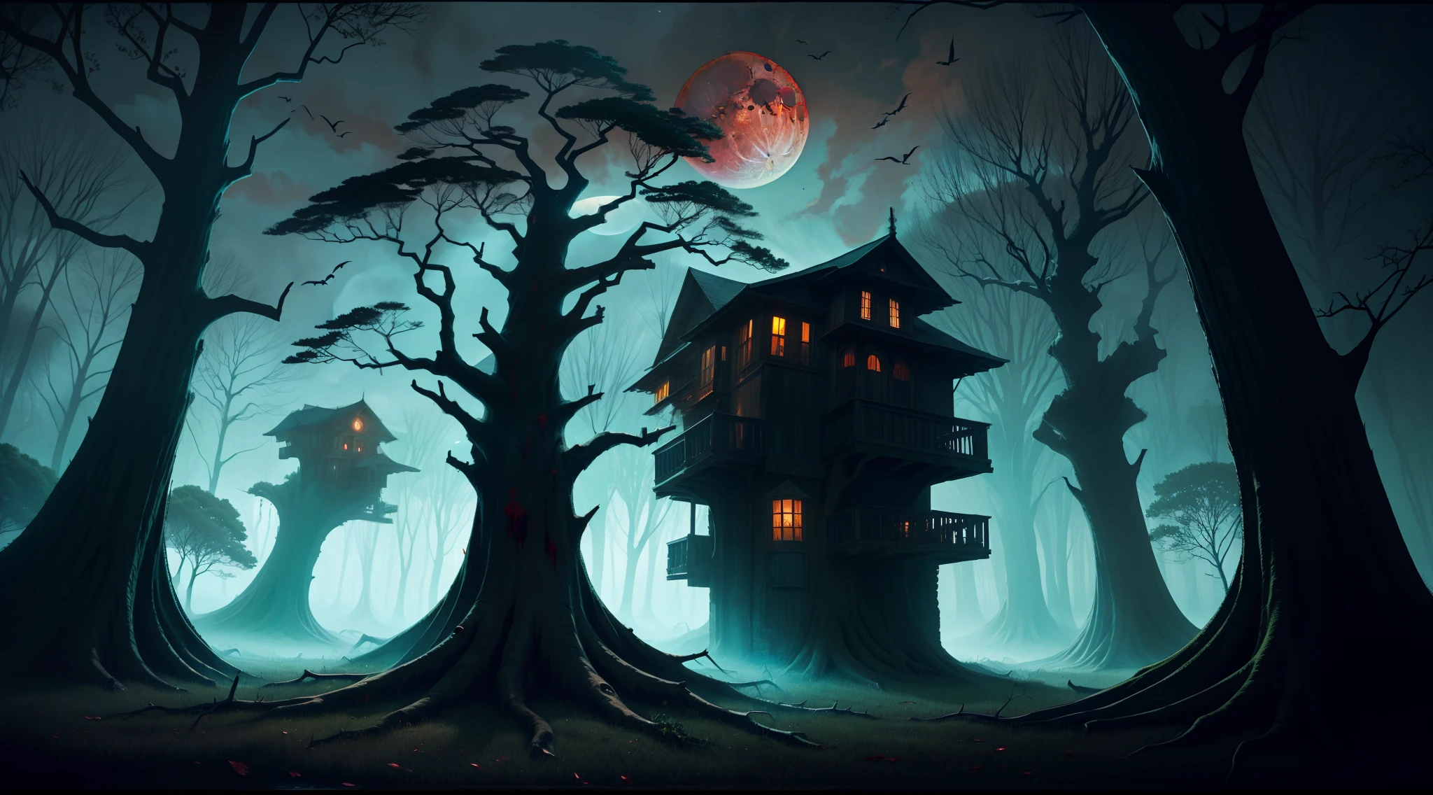 gigantic dead trees rise like sinister sentinels. Under the mantle of the blood moon in the sky, haunting dark and enigmatic realm.