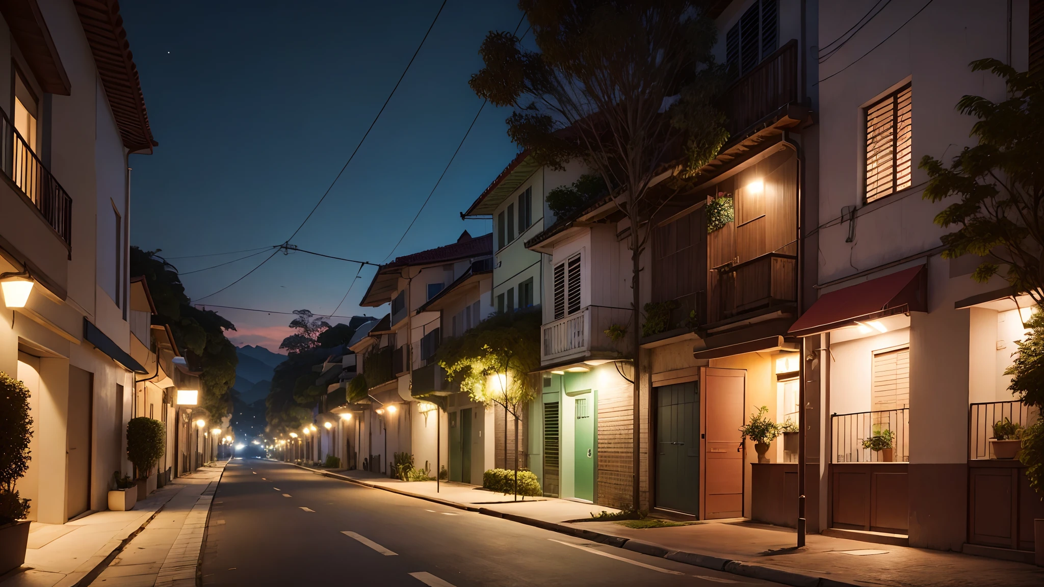 extremamente detalhado, melhor qualidade, very realistic, noite escura, rua esquisita e vazia, arvores e plantas, matagal