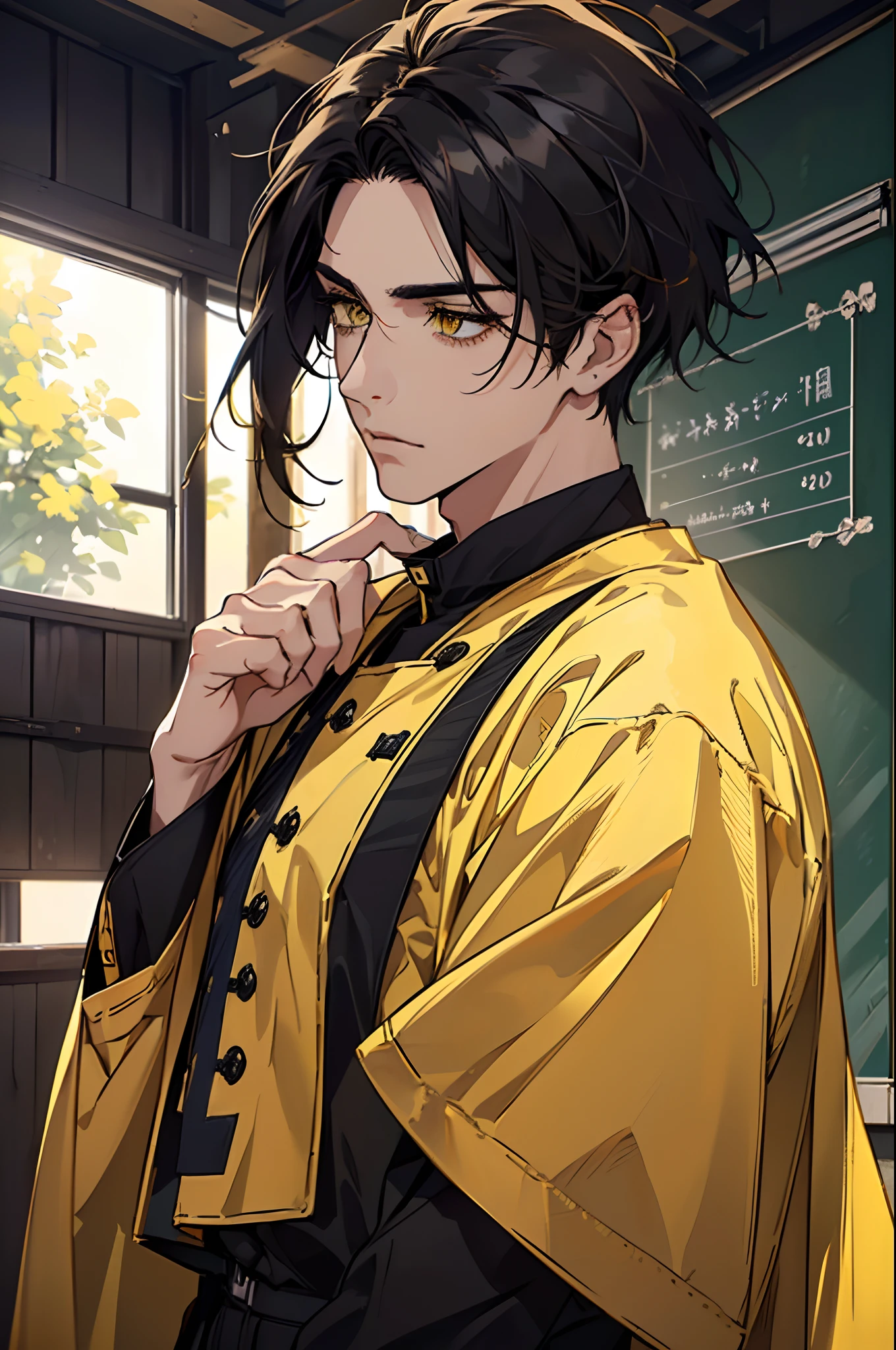 1 boy, beautiful male body, 20 years old , Body length 175 cm, ((short hair hair, color: Black, (Chin hair length),((Hair length 12 inches)), (Street hairstyle), ((Yellow color at the ends of the hair)), (Eyes of yellow color), realistic eyes, beatiful eyes), (Student clothing, School uniform clothes), (8k wallpaper), (Classroom background), 8k, Quilty Altitude, Realistic, Beautiful realism, outstanding detail, RAW photo, Realistic clothes, Black hair, realistic hair, Yellow eyes, Light and cool lighting, realistic photo, Cel shaded, Gel lighting, ultra-detail, Yellow color at the ends of the hair, simple muscles