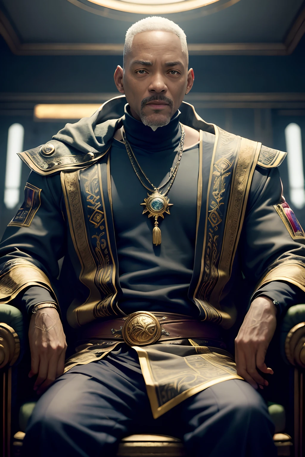Will Smith, old man, Old Sage, enrugado, Imperador, seated not throne, circunstanciado, Cinematic light, detalhes intrincados, epics, circunstanciado, Full HD, Foto realista, real facial expressions, will smith rosto, cyberpunk 2077, rosto real do will smith