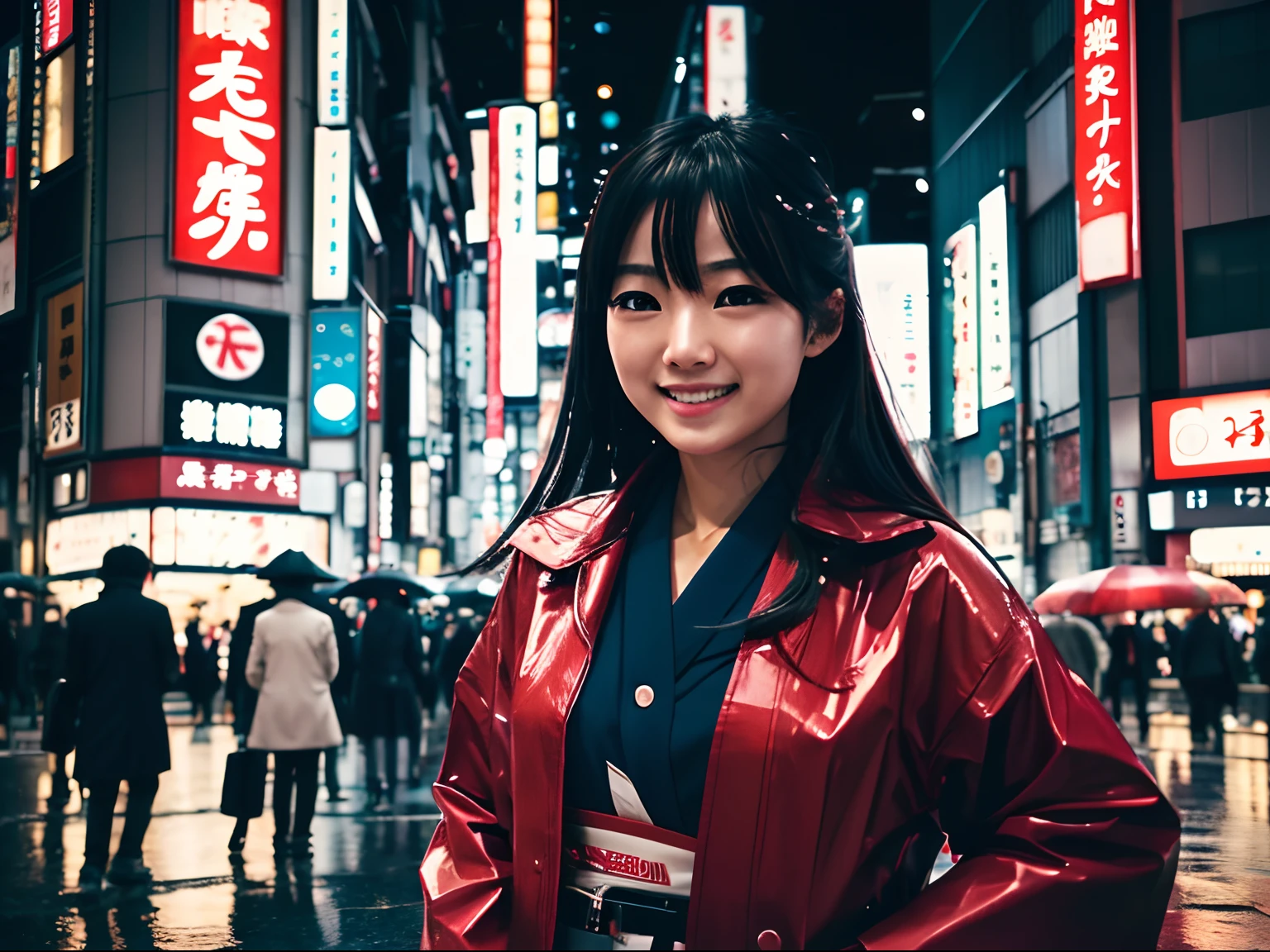 Highlight insanely beautiful Japanese woman, Tokyo crowd, light rain, early morning busy street scene, dynamic action poses, extremely happy festive moment, Holga photography, analog camera, lo-fi, detailed composition, cinematic lighting, cyclorama effect.