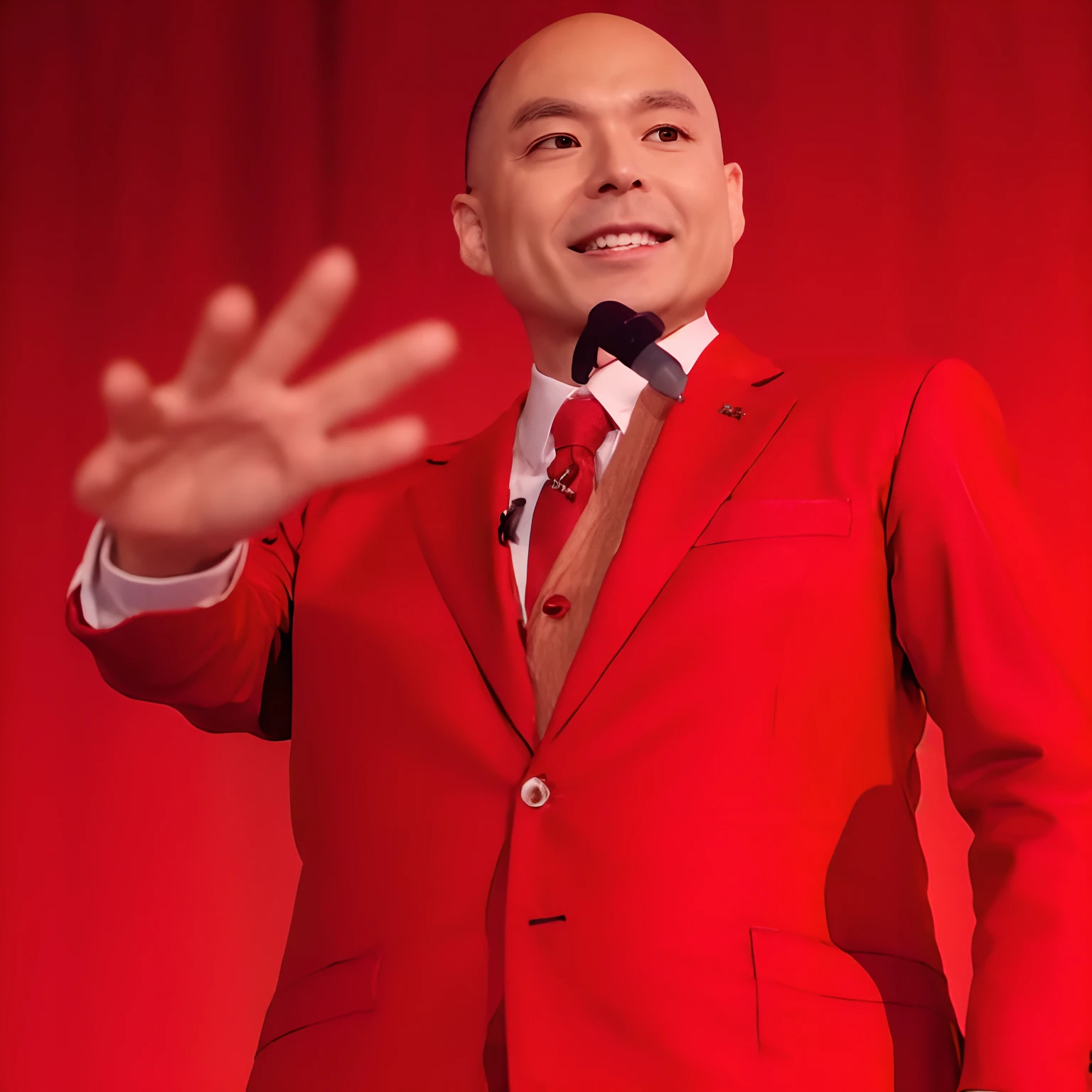 baldness、Male one、8K、Best Quality、realistic photo shot、(In a red suit:1.4)、(holding the mic:1.3)、Busaic、presentation
