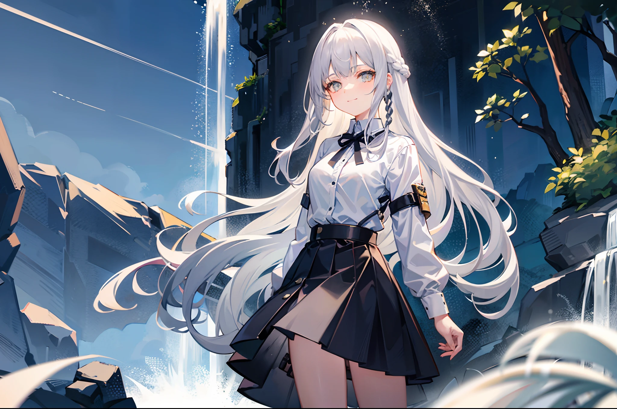 18-year-old silver-haired girl, Golden Eyes, long-haired,Braid left and right. Wear a white shirt with buttons... Black miniskirt.Stand near the waterfall...With a slightly smiling face..........
