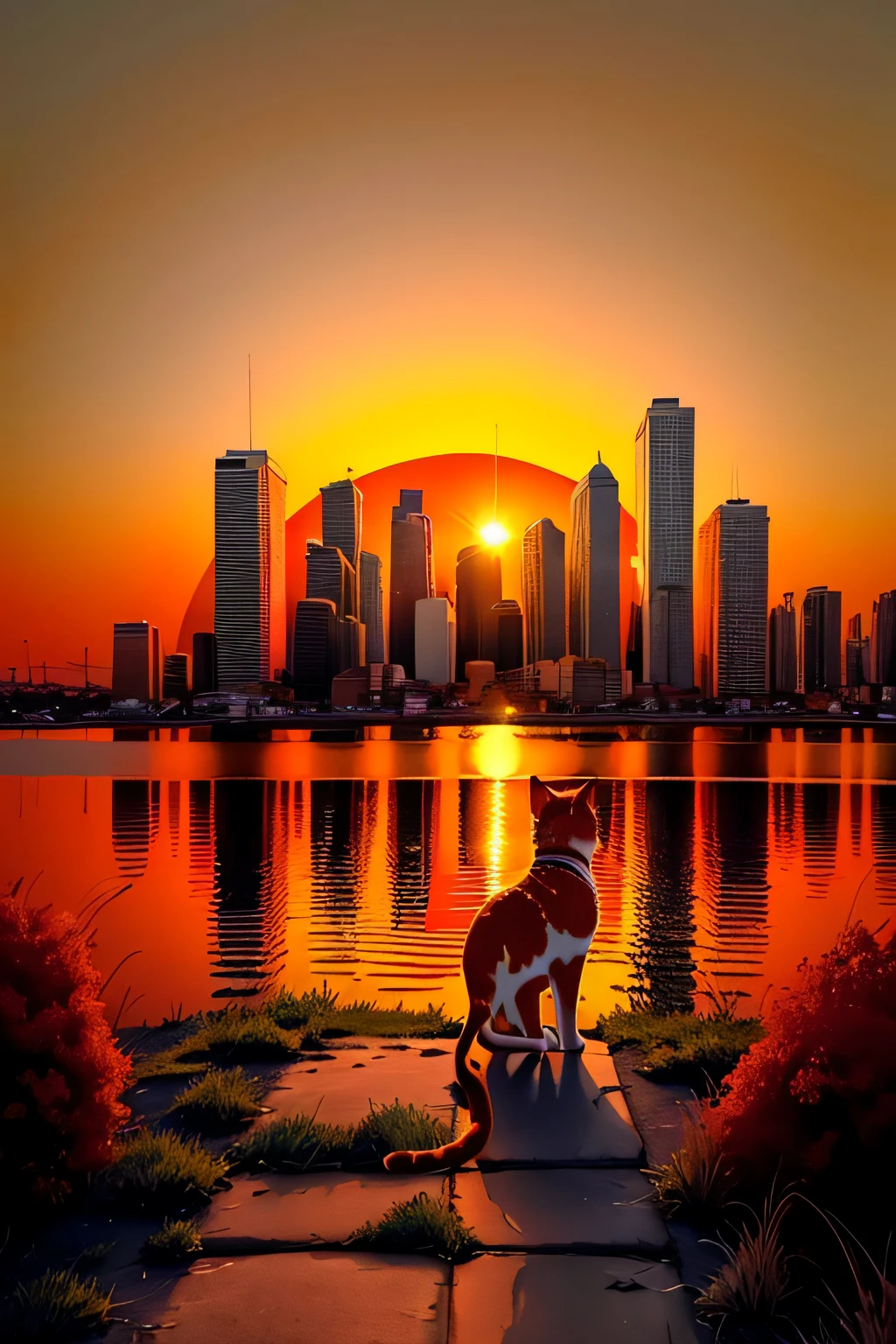 A breathtaking cityscape with a dramatic sunset, the sky painted with a palette of orange and red hues, o sol uma bola de fogo ardente no horizonte, With a lonely cat walking in the middle of the grass photograph, drone camera with a wide-angle lens, --AR 16:9 --V 5