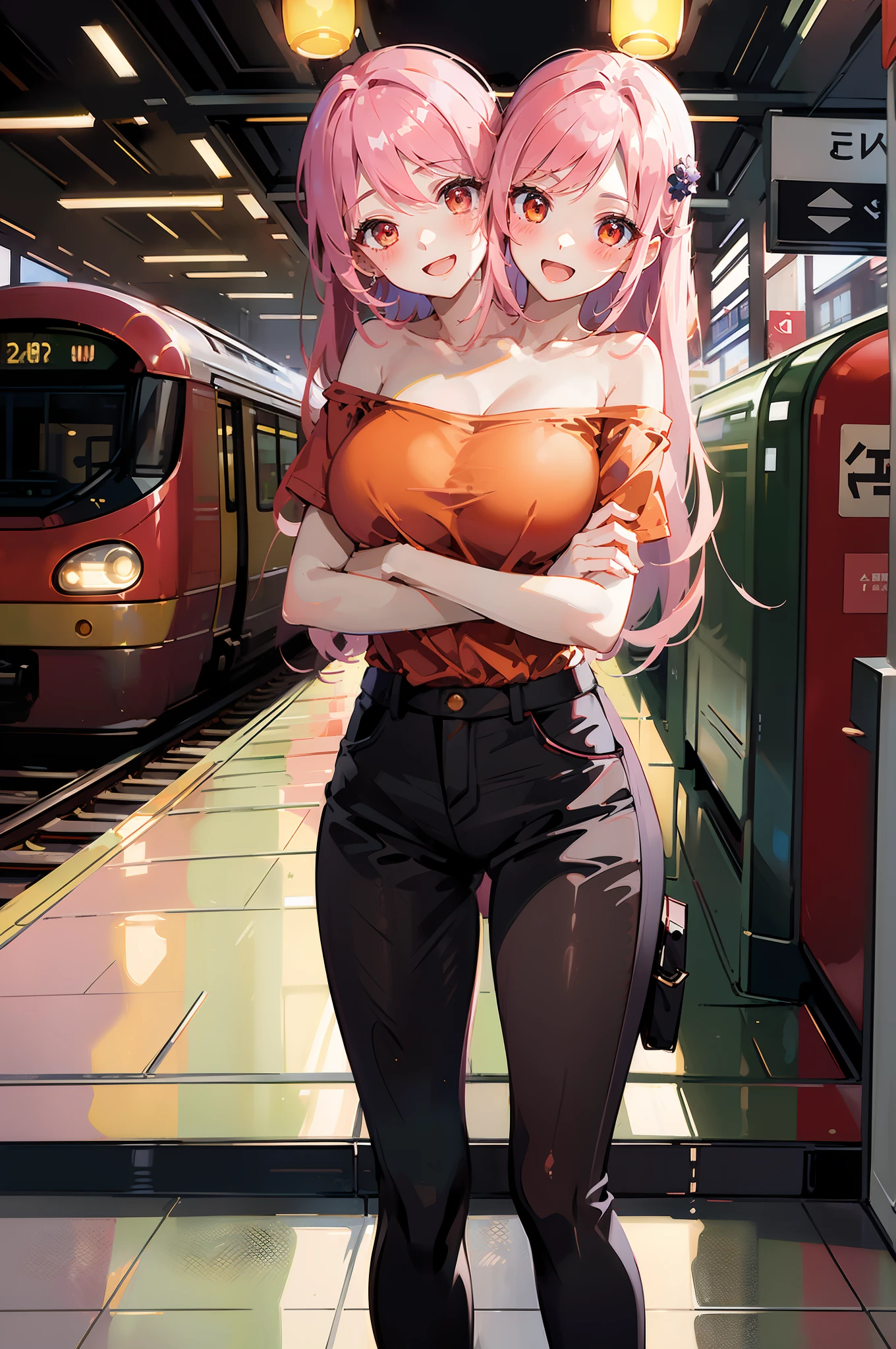 woman, ponytails, pink hair, smiling, erotic, on the train, stick out your tongue and open your mouth, pantyhose, without panties, molested, open shirt, legs spread, close to pussy, shaved pussy, public, no skirt, hard nipples, Raise your hips on all fours, back view, look at viewer