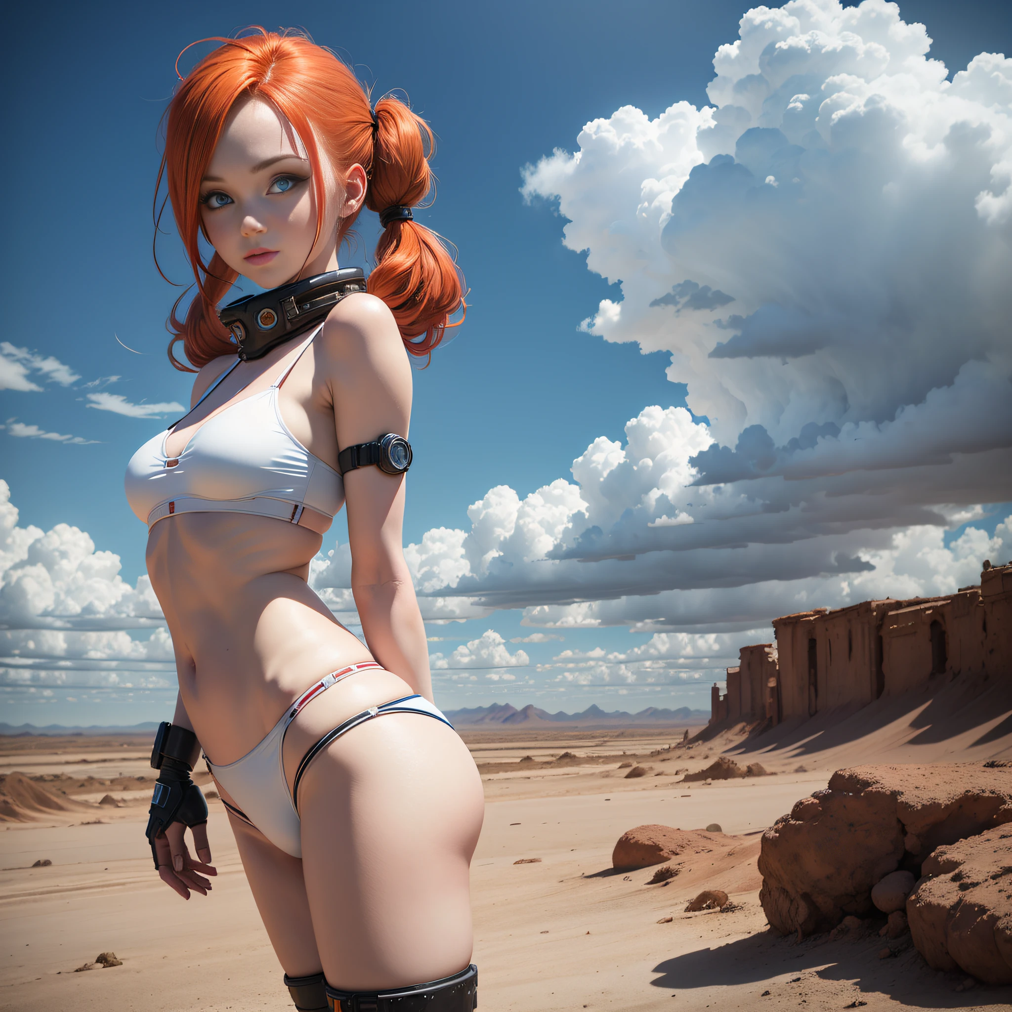 cute redhead woman in twin tails, multiple rainbow colored hair, sky-blue eyes, happy, Ukrainian, petite, pale skin, wearing a white color bikini, post apocalyptic background, bleak barren desert, photo realistic woman.