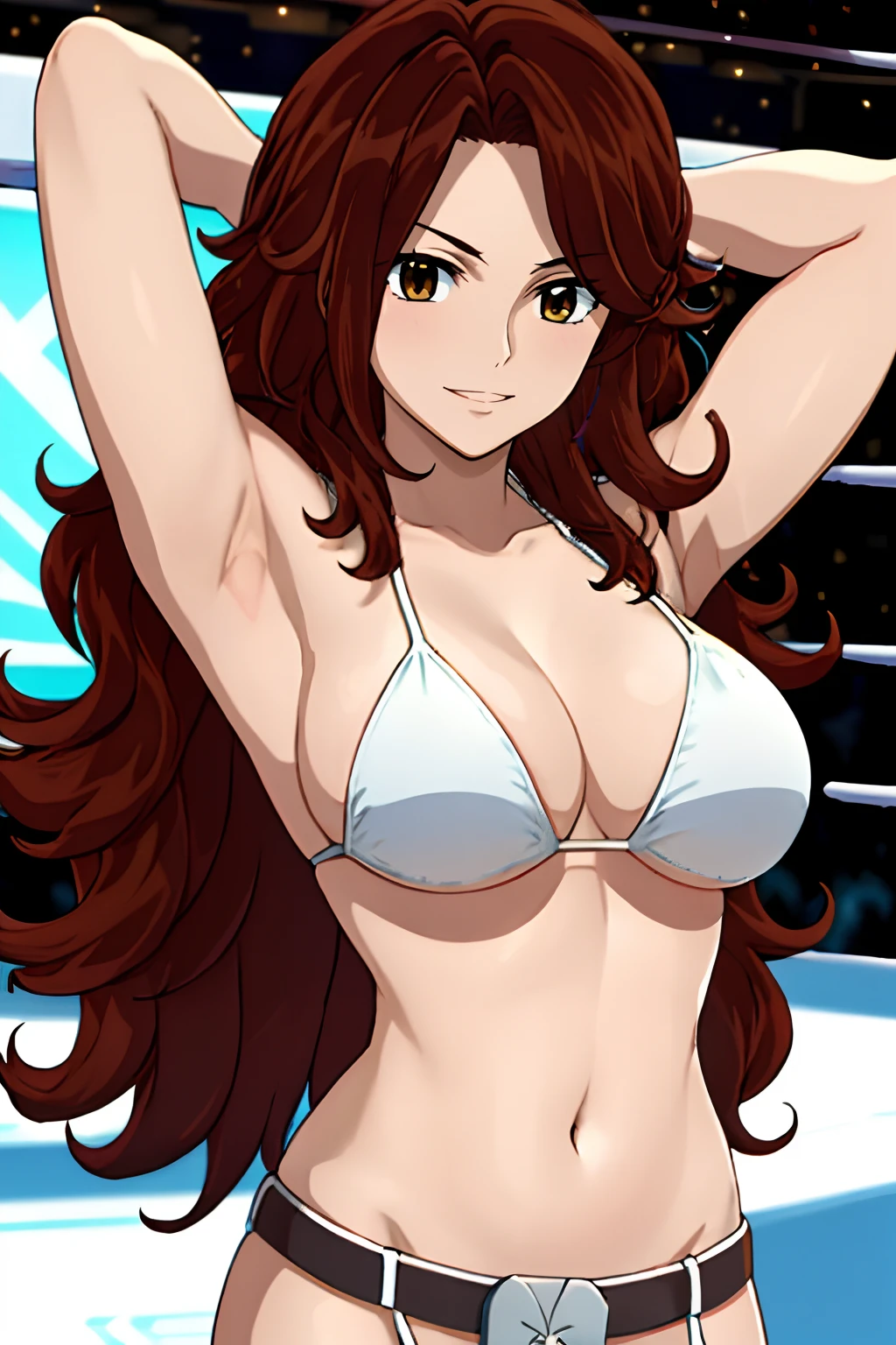 curvy belly, titration screen,, Elegant lady, (upper body only), anime style: 1.8, anime drawing, ultra detailed face, ultra detailed body, 4k, Sumergai Lee Noriega, (standing), best quality, anime style, hires, highest definition, digital blending, bold drawing lines, ((wwe diva), (location: wrestling arena, crowds watching), ( big shoulders, slim body, (wrestler body, thick arms, detailed biceps), , broad shoulders, closed fists, (very curvy: 2.8)), ((white bikini, only, white gloves, collar, hand protector, (champion belt on bare belly))), loser, defeated, sad, (pale skin, big breasts, smile), (big eyes, brown eyes), (clapping), ( brown hair, loose hair, curly hair, wavy hair, long hair, missy hair), 27 years old,