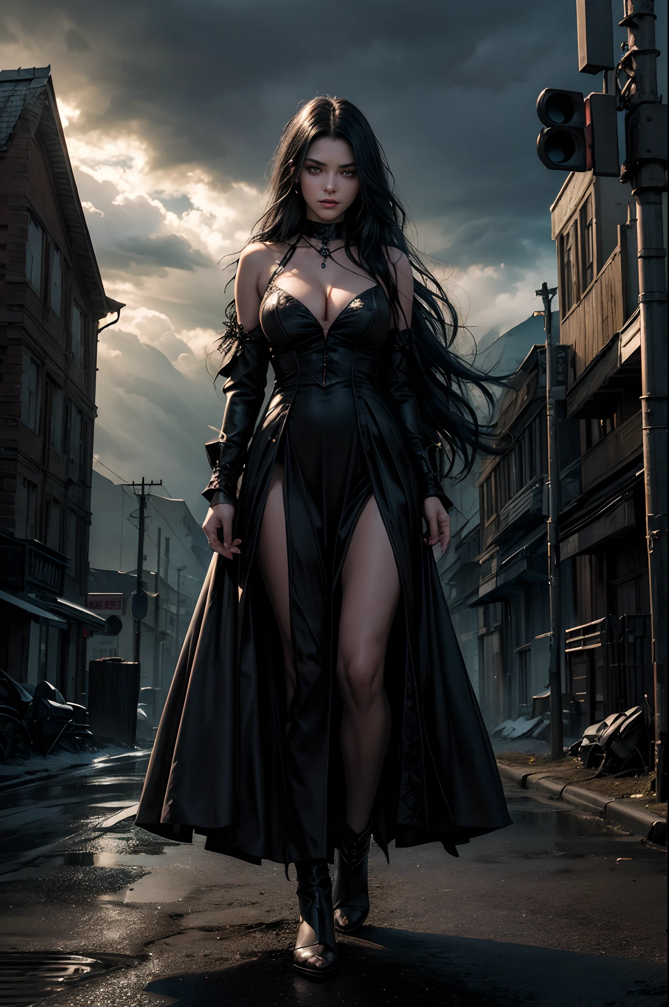 (best quality,4k,highres),ultra-detailed,realistic,crossroads demon girl,standing at the intersection of two country roads in the middle of nowhere, standing at crossing roads, bright yellow eyes, full body shot, beautiful detailed lips,long eyelashes,long wavy black hair flowing in the wind,revealing black dress,gorgeous evil smile,sinister aura,cleavage,mysterious background,nighttime scenery,dark and eerie atmosphere,dramatic lighting,fominous clouds,thick mist surrounding the girl,slightly tilted camera angle,dark shadows,hauntingly beautiful scene,spellbinding presence,imposing and intimidating figure,mysterious powers emanating from the girl, supernatural abilities,evil pact with the devil,bewitching charm,transcendent beauty