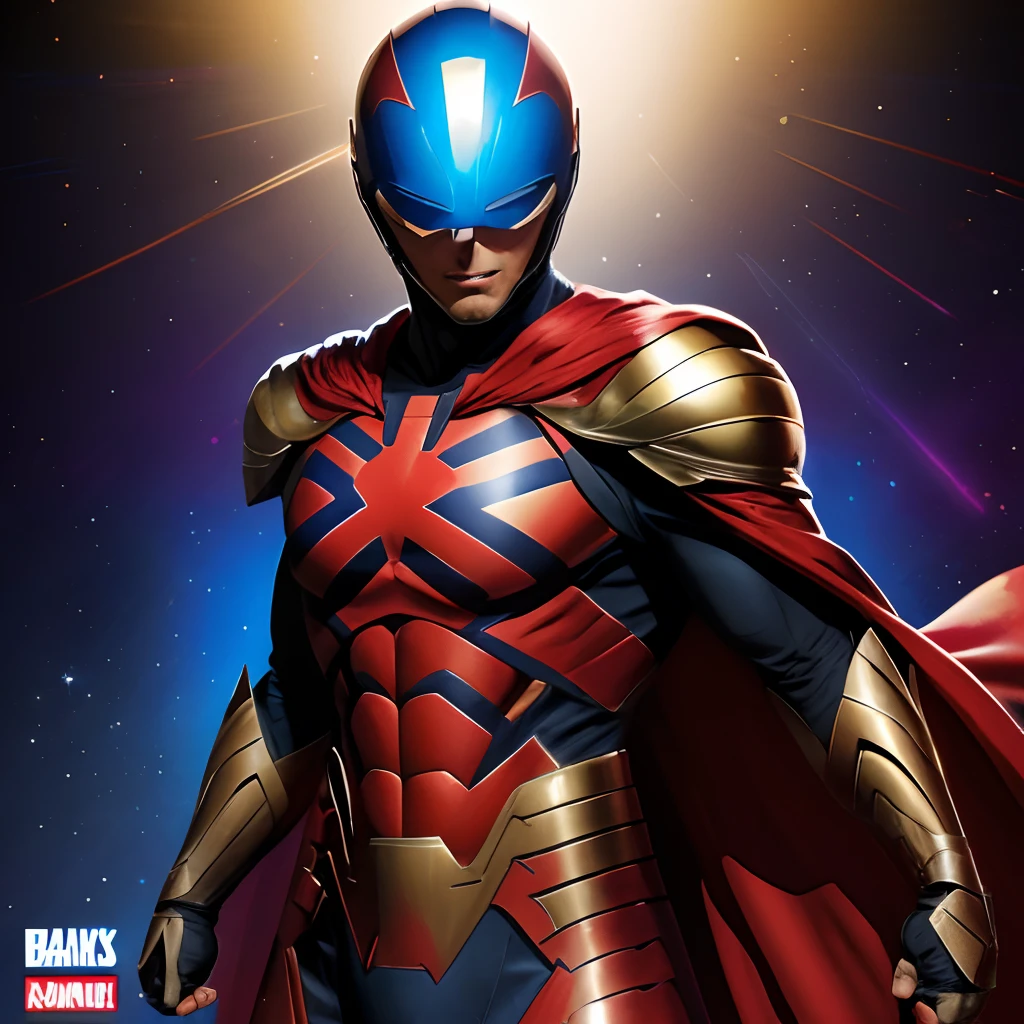(best quality,Altas,master part:1.2),ultra-detalhado,Superhero with a shiny helmet,(Comic book style,efeito de quadrinhos),poderoso buraco negro,vivid colors,studio lighting,Bokeh