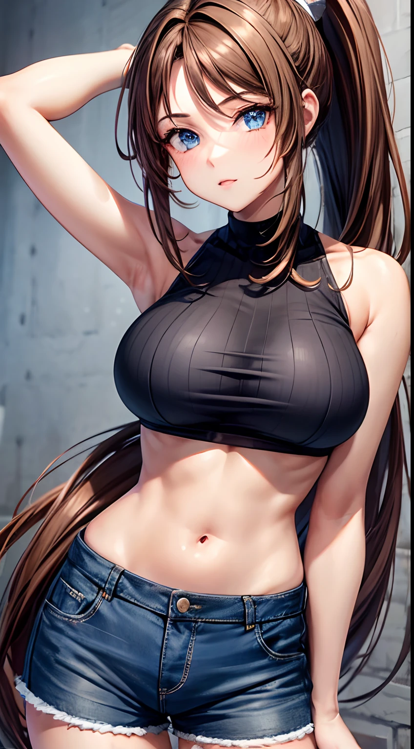 1girl, crop top, shorts, very long hair, ponytail, brown hair, blue eyes, (large breasts1.2)