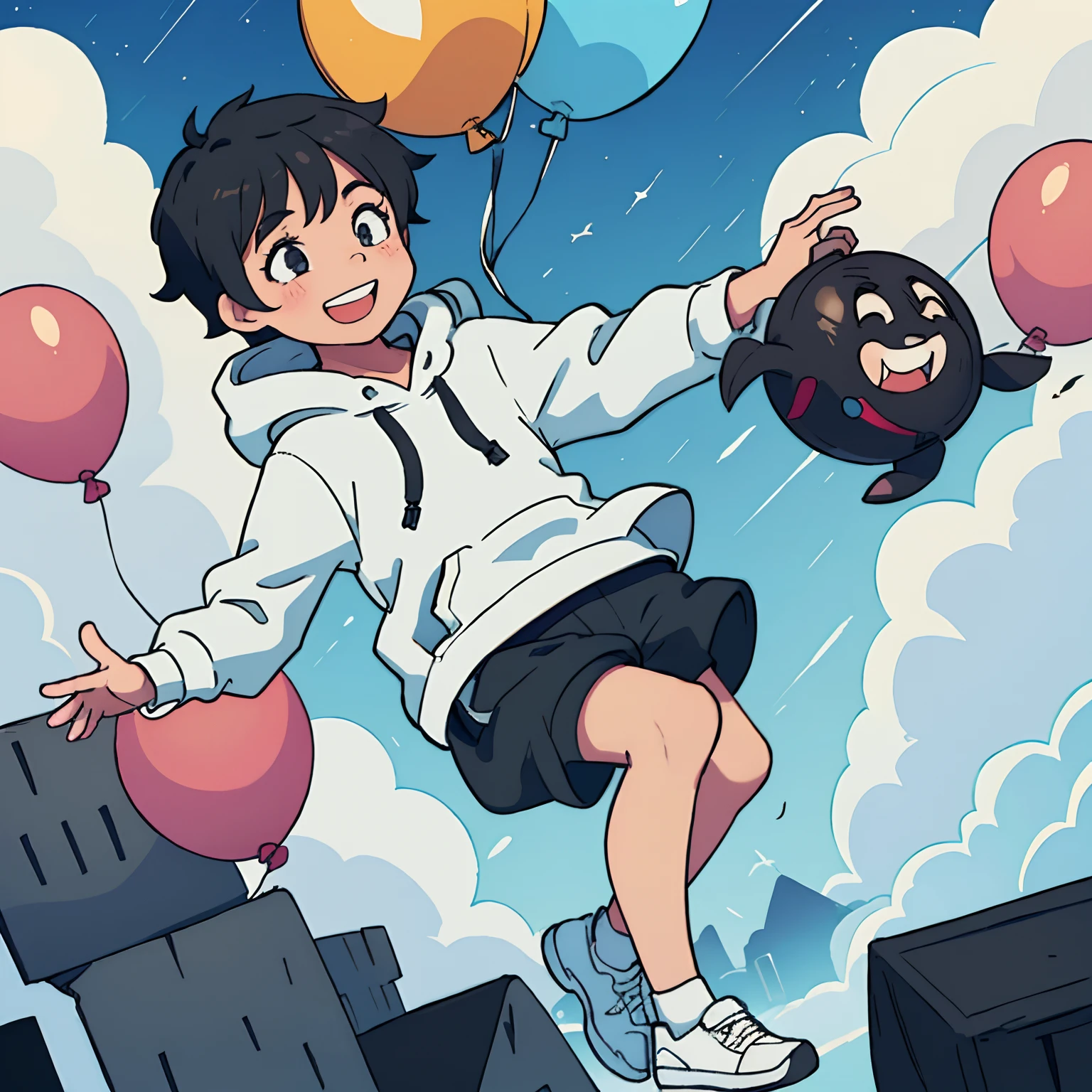 Boy with short black hair falling from the sky ((in a hoodie and shorts)) surrounded with balloons and clouds, ((excited and smiling expression)) pretty, vibrant colors ((Full body shot))