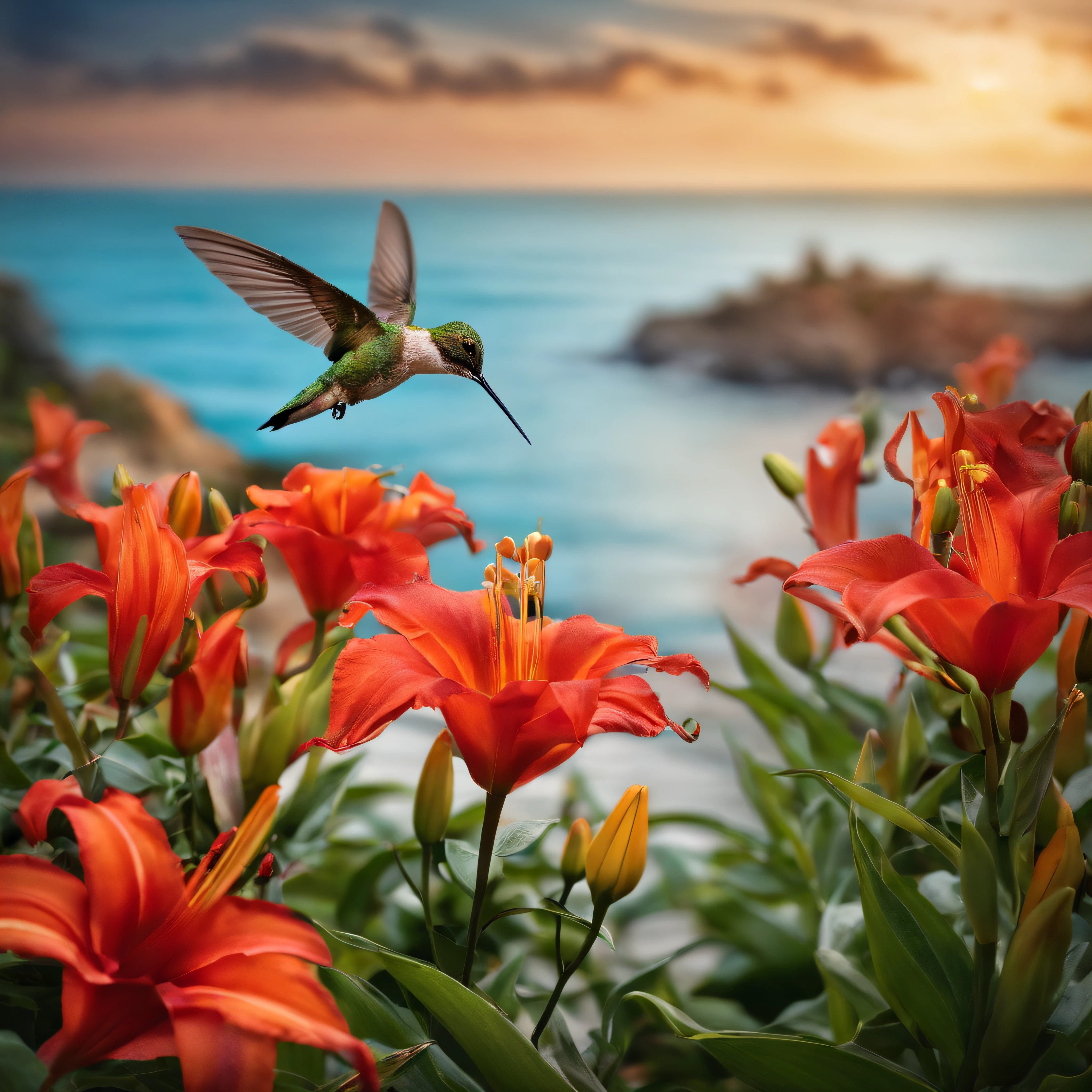 The Sea on the Horizon,Blooming garden,Hummingbird sitting on a lily