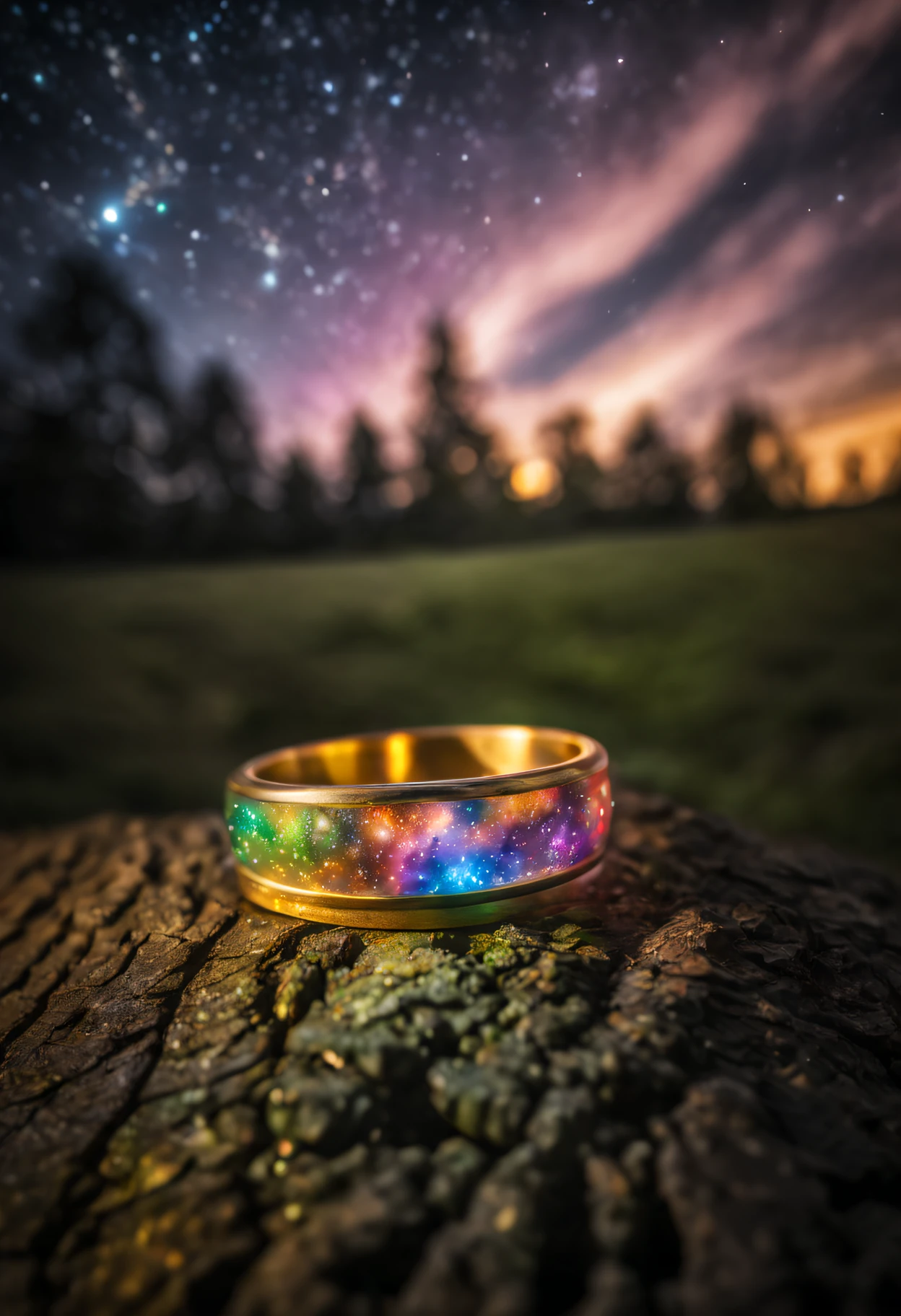 Intimate shooting of dappled light photos , (Masterpiece), (Best quality),(hdr), A magic metal ring made from the Milky Way and the Magic Aura, very very highly detailed, Mist, Fairy light, Vibrant colors, chromatic aberration abuse, Depth of field,, prime time, ultra-wide-angle,