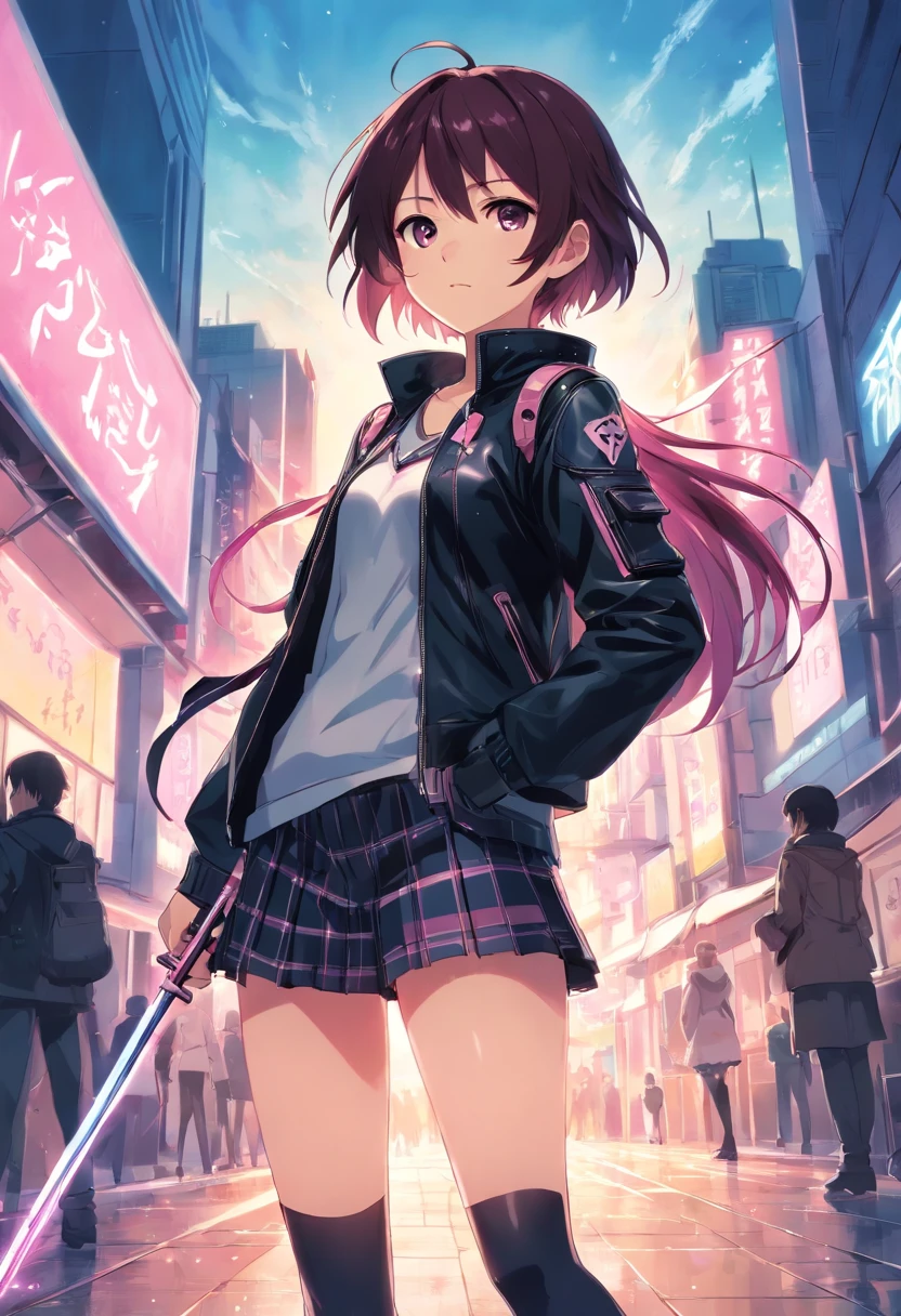 best quality,masterpiece,, Madoka Kaname from Puella Magi Madoka Magica wears a black leather jacket and combat boots, holds a magic wand, and has a cold expression on her face.