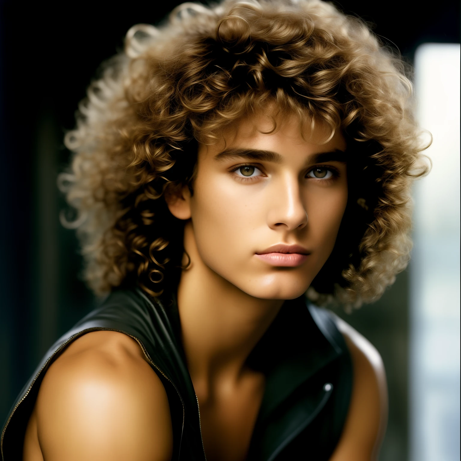 curly-haired young man, male, strong, ((short hair)), powerful figure, fashion pullover, by Helmut Newton, by Annie Leibovitz, detailed face, natural skin texture