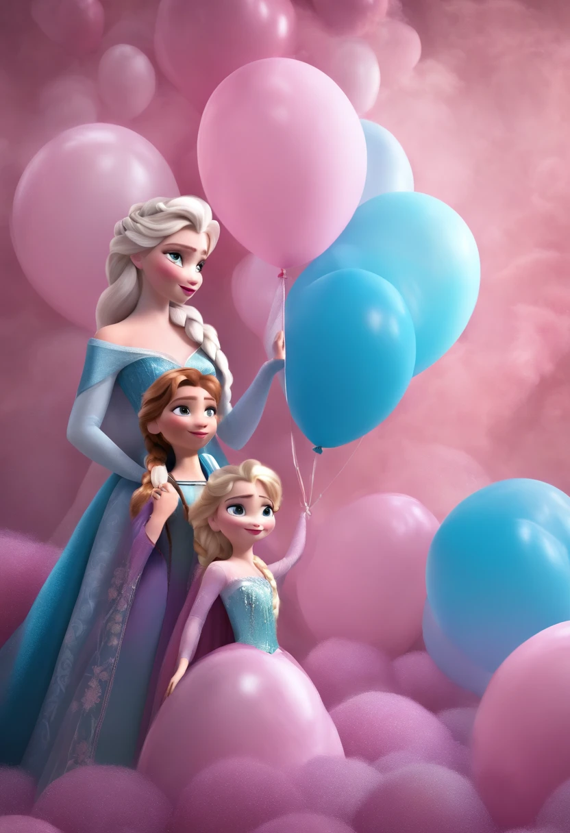 3D animated image of Anna and Elsa in a giant pink and light blue balloon.