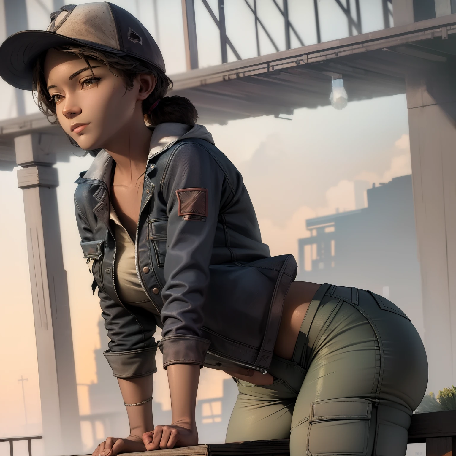 ((masterpiece, best quality)),(complex lighting) , solo,1girl,upper body, clementine,  dark skin,dark-skinned female,  baseball cap, green cargo pants, tight pants, shirt, short twintails,open denim jacket, big butt, thicc