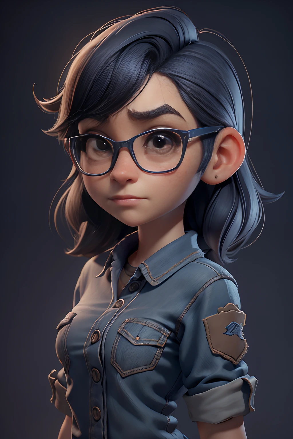 A 3D Pixar style Animation character development, featuring of a young woman nerd look, character spread sheet, blueprint, 3D realistic render, high resolution texture, dramatic lighting, expressive caricature, strong facial expression, dramatic intense perspective