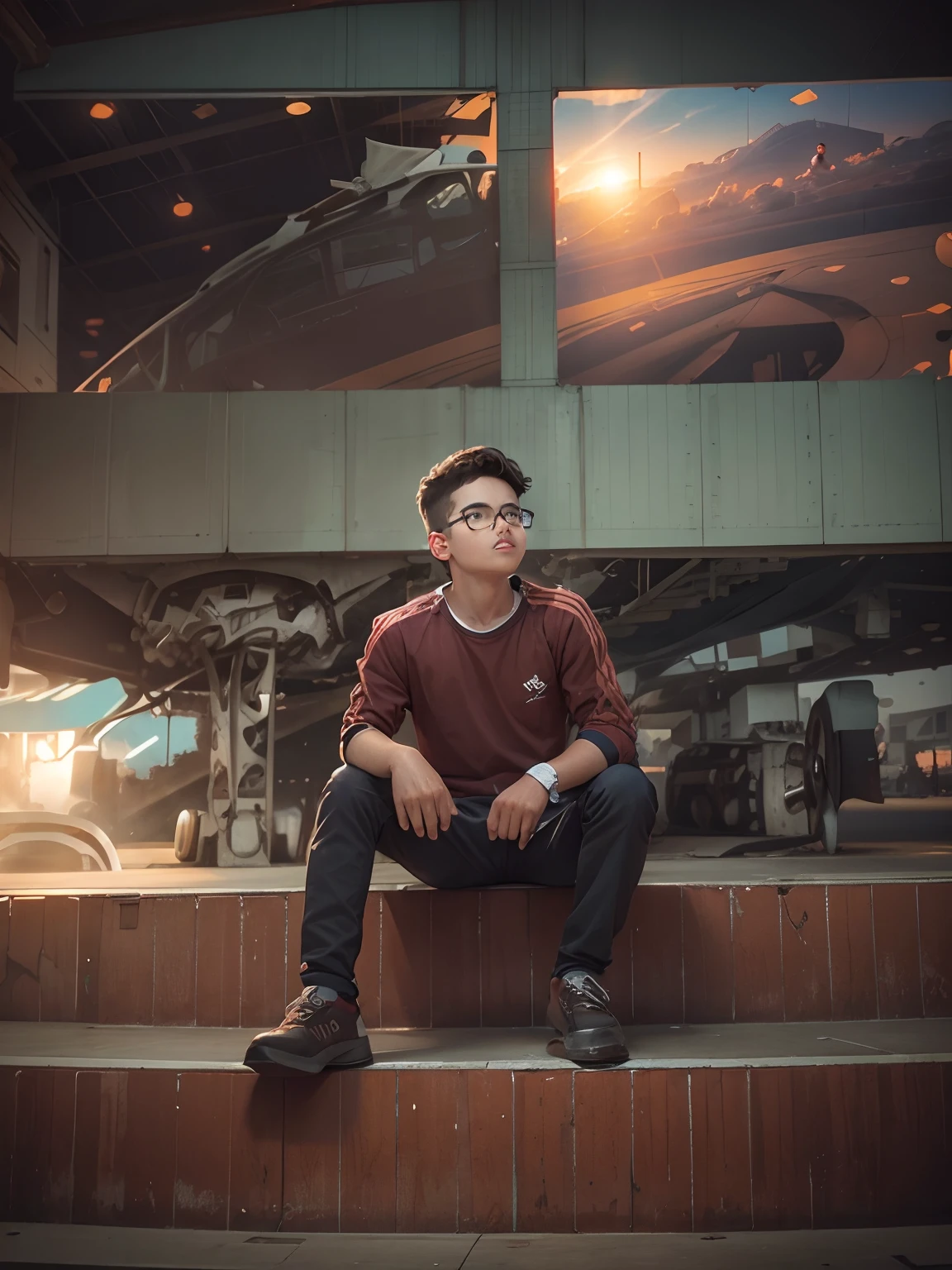 A boy sitting on a broken aeroplane with sunset background and