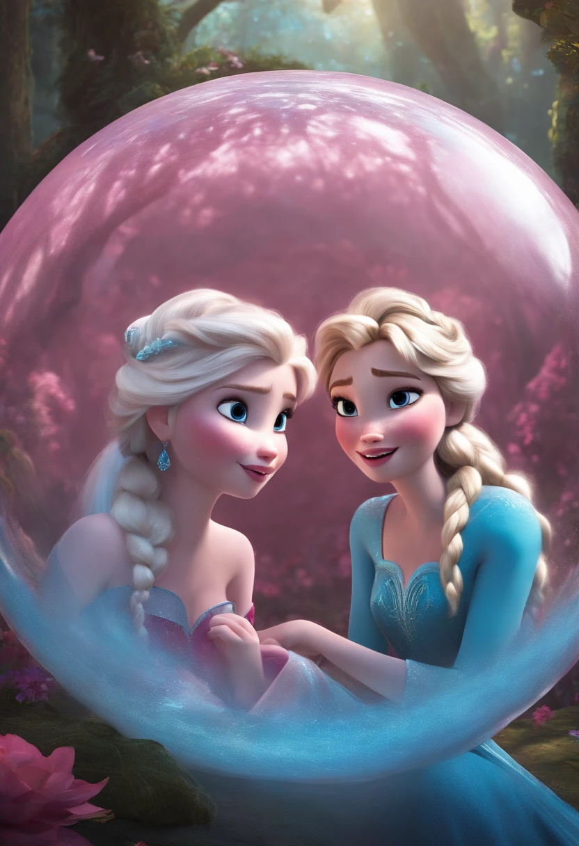 3D animated image of Anna and Elsa inside a giant pink and light blue ball. They have only their faces out of the ball