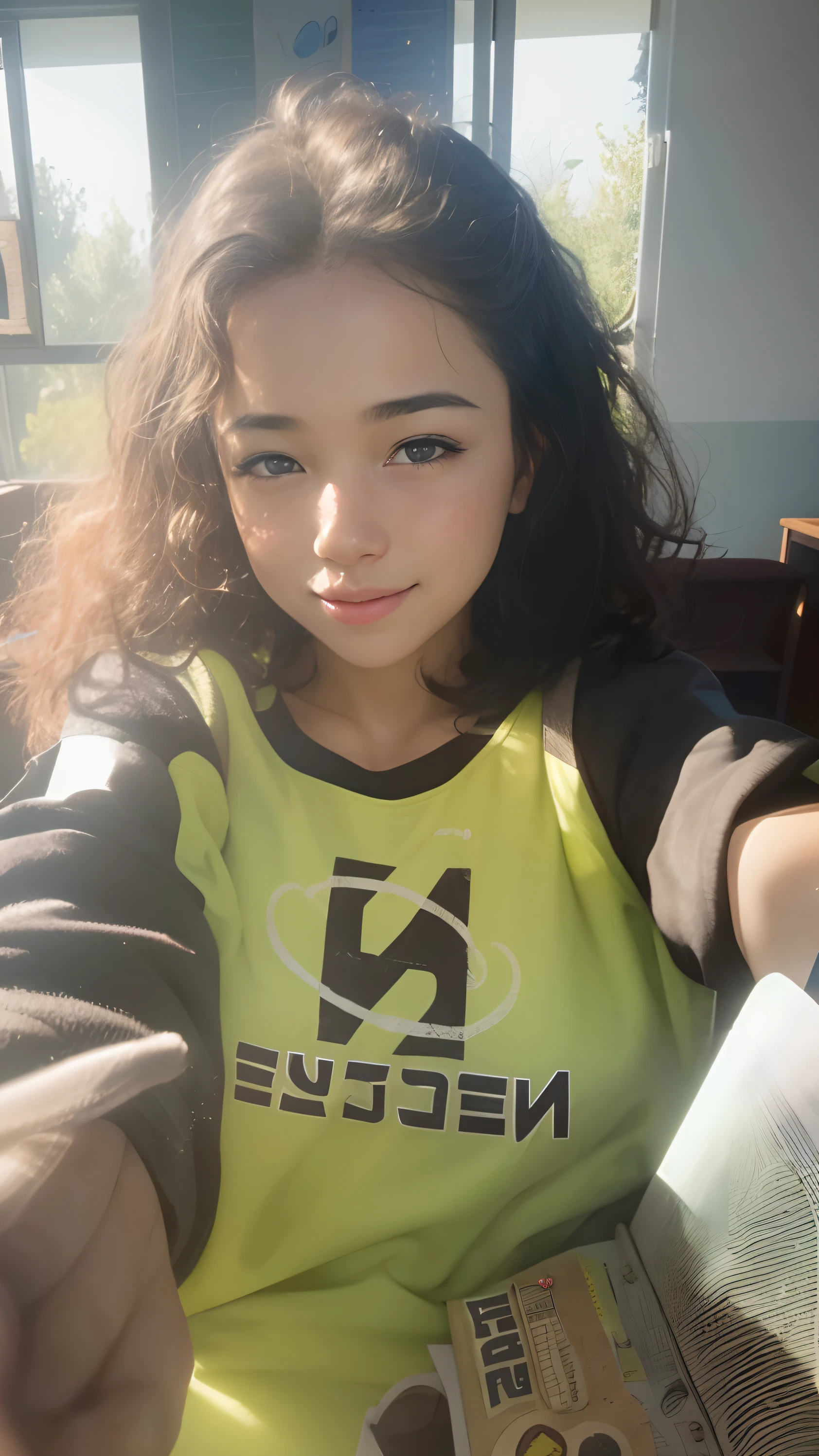 (best quality,4k,8k,highres,masterpiece:1.2),ultra-detailed,(realistic,photorealistic,photo-realistic:1.37),lovely,18-year-old girl,beautiful detailed eyes,beautiful detailed lips,extremely detailed face,youthful appearance,warm classroom,cosy atmosphere,sunlight streaming through the windows,charming and breathtaking,classroom filled with vibrant colors and positive energy,books and notebooks neatly arranged on the desks,blackboard with inspirational quotes and motivational words,sparkling clean floors,comfortable wooden desks and chairs,floral decorations hanging on the walls,soft cushions on the chairs,fresh flowers on the teacher's desk,smiling and friendly students,engaged in lively discussions and group activities,welcoming and enthusiastic teacher providing guidance and encouragement,creative artwork displayed on the walls,inspiring quotes and posters promoting a love for learning,a positive and nurturing environment that sparks curiosity and fosters growth,a sense of joy and excitement in the air as everyone explores and learns together.