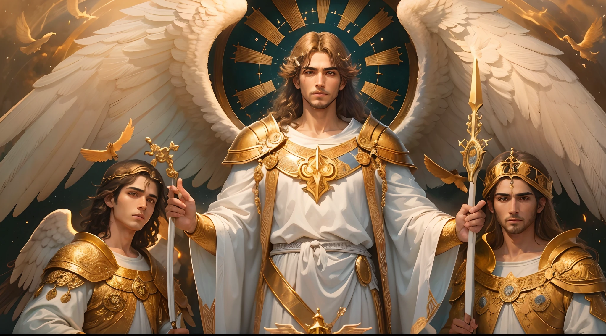 There is a painting of 3 beautiful angels with big wings in the sky, 3 Anjos majestoso de corpo inteiro, vestido com roupas brancas e vermelhas, biblical accurate angel, 3 Arcanjos Miguel, Gabriel e uriel, 3 anjos protegendo em guarda, angel spirit guide, angelic, Arcanjo Miguel, Gabriel e Uriel, humano alado, epic angel wings, anjos lindos, anjos, being brilliant angelic, Angelic, Tema de anjos, Alto Anjos tiro distante, Biblical setting, anjos guerreiros, with a spear in his hand, vestes vermelhas estilo soldado romano, anjos aparentando idade de 40 anos e majestosos, um personagem masculino, o arcanjo Miguel, Gabriel e Uriel, imagem celestial, detalhes intricados, realista, asas ROSAS e grandes, Angelic background, Catholic illustrative image of the archangels Michael, Gabriel e Uriel, Male character of the Bible, Michael is wearing his angelic armor, cosmic background, Illumination on the Archangels and in the background, imagem do corpo todo dos anjos, Maximum detail and his angelic face and wings, pele perfeita realista, Maximum image quality, Miguel, Gabriel e uriel ele esta destacado na imagem com cores fortes e chamativas. with a spear in his hand, 3 arcanjos perfeitos, 3 anjos perfeitos, perfeitos