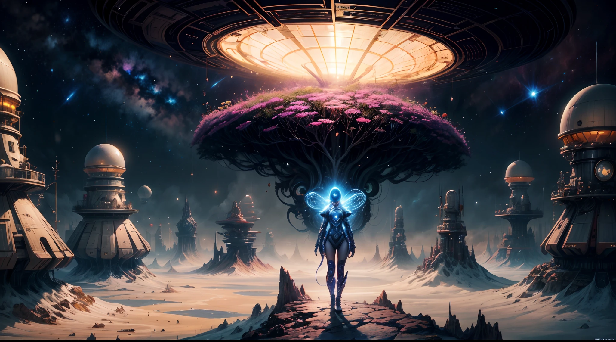"A detailed painting of a alien girl dressed as a space ranger, exploring an extraterrestrial landscape adorned with vibrant, otherworldly flowers. Science fiction wonderland, imaginative, space adventure."