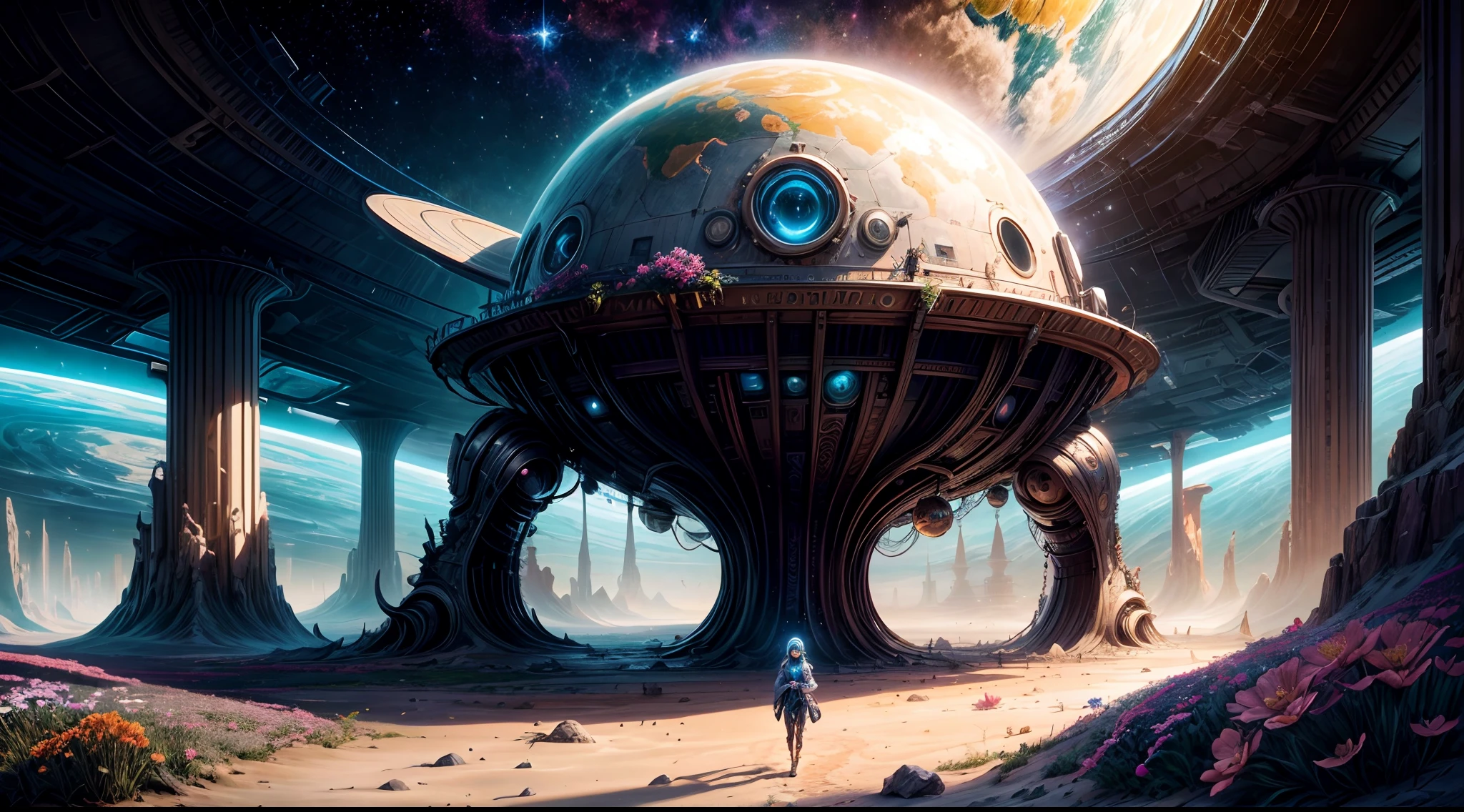 "A detailed painting of a alien girl dressed as a space ranger, exploring an extraterrestrial landscape adorned with vibrant, otherworldly flowers. Science fiction wonderland, imaginative, space adventure."