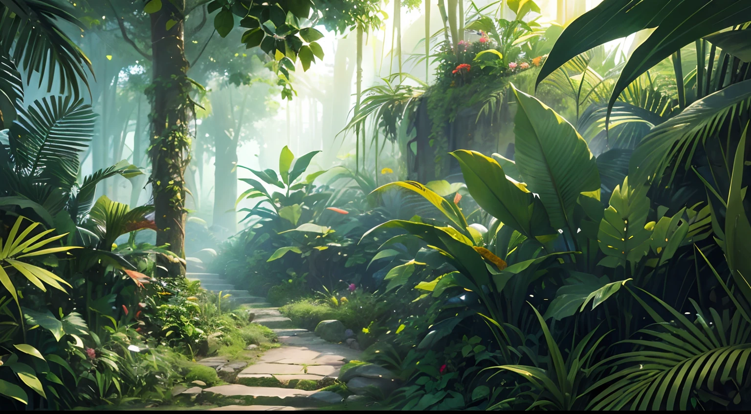 (Best Quality, 4k, 8K, Supreme, Masterpiece:1.2), Ultra-detailed, Realistic, Jungle, Lush greenery, tropical plants, colorful flowers, dense foliage,, Sun light, seeping through the canopy, foggy atmosphere, Cascading waterfalls, Focus on describing the scene, Exotic Birds and Animals, lots of flowers, Lots of butterflies, Lots of birds, Lots of wild animals, Hidden Paths & Trails, Adventure & Exploration, wildlife, Ancient stone head of Buddha, mysterious aura, Serene and calm, Immersive Experience, Realistic textures, saturated colors, deep-shadows, On-air lighting, View from the plane,