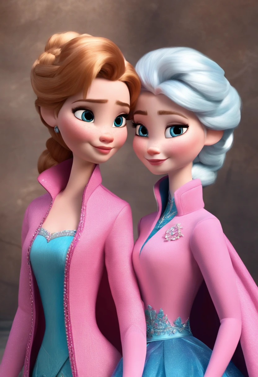 3D animated image of Anna and Elsa in pink and light blue bean bag suit. They only have their faces out of their suits
