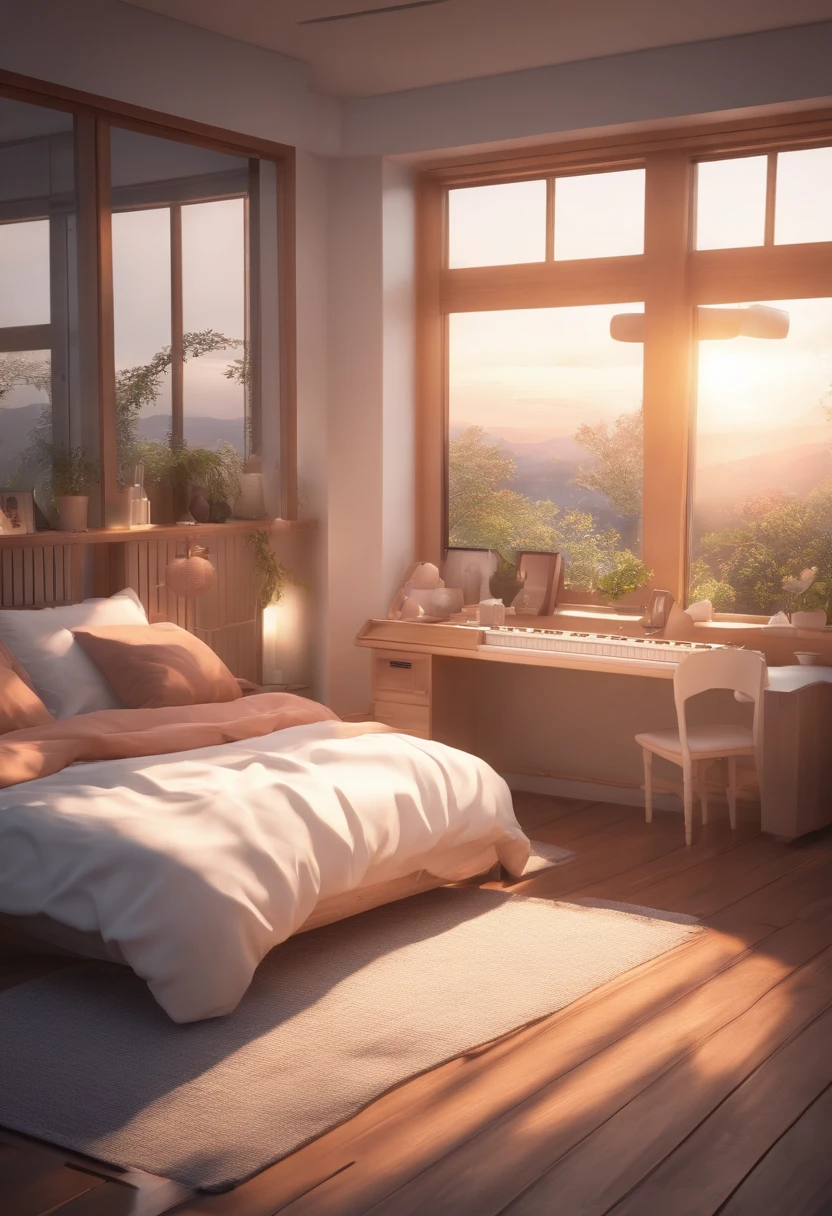 A bedroom of a young Japanese girl. In the right corner we see a medium white bed, in the left corner we see a white digital piano Yamaha. Between bed an piano we see a large window. Outside you can see the sunrise.