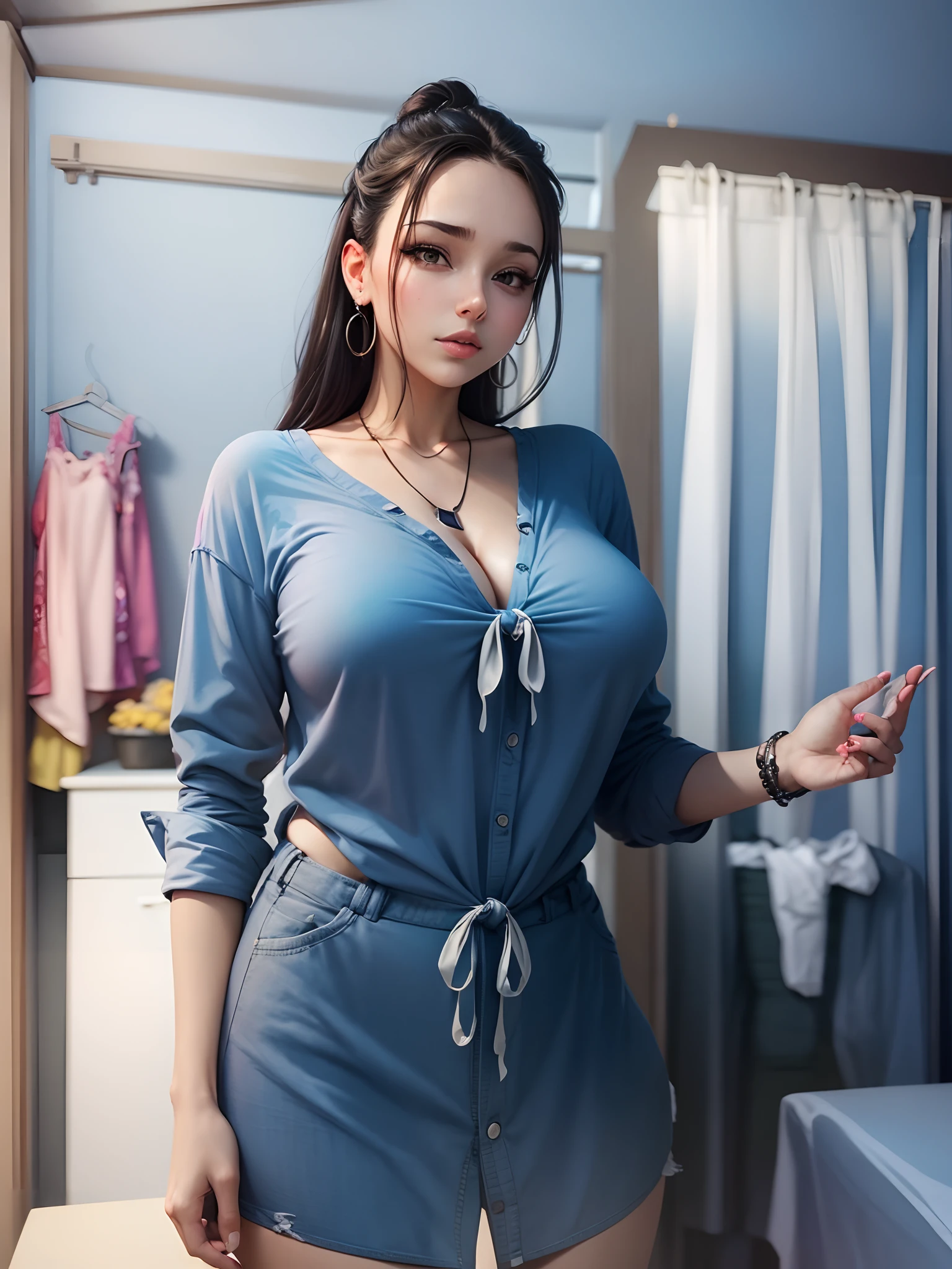 1girl, breasts, cleavage, curtains, earrings, front-tie_top, jewelry, large_breasts, lips, looking_at_viewer, shirt, solo, tied_shirt, upper_body