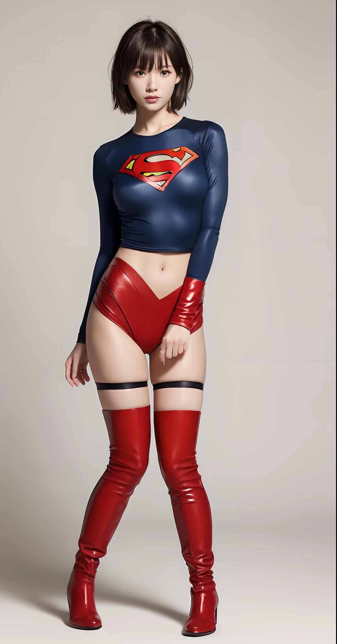 (((hang yourself)))、(((Wear black tights on your beautiful legs.)))、(((defeated)))、(((Suffering)))、(((Eyes closed)))、(((Make the most of the original image)))、(((Supergirl Costume)))、(((shiny short hair)))、(((Suffering)))、(((Feet must necessarily be worn with black tights)))、(((You need to wear red boots)))、((Top image quality、8K))、((top-quality、8K、​masterpiece:1.3))、(((Keep your background simple)))、Crisp focus:1.2、Beautiful woman with perfect body shape:1.4、Slender Abs:1.2、a wet body:1.5、Highly detailed facial and skin texture、