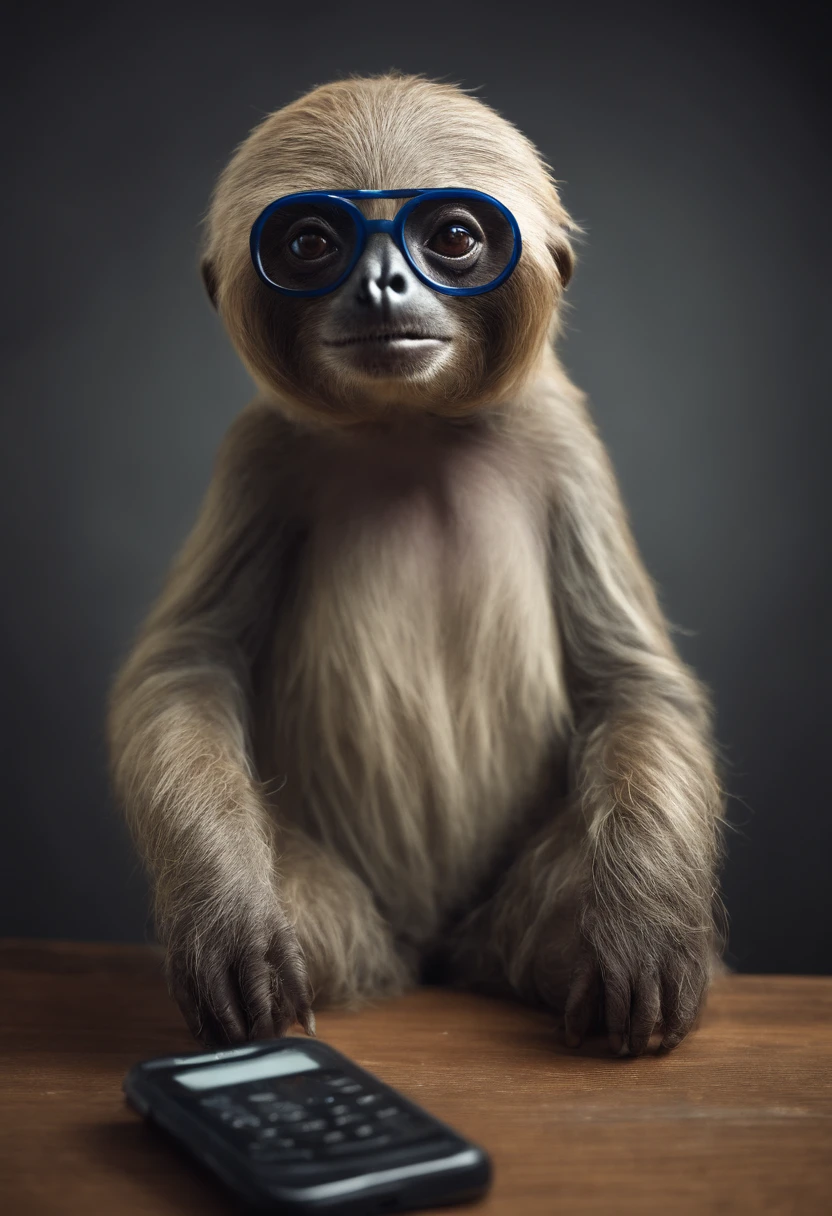 a blue sloth using glasses in stand up position, elderly age, holding a cell phone, white background, cartoon style