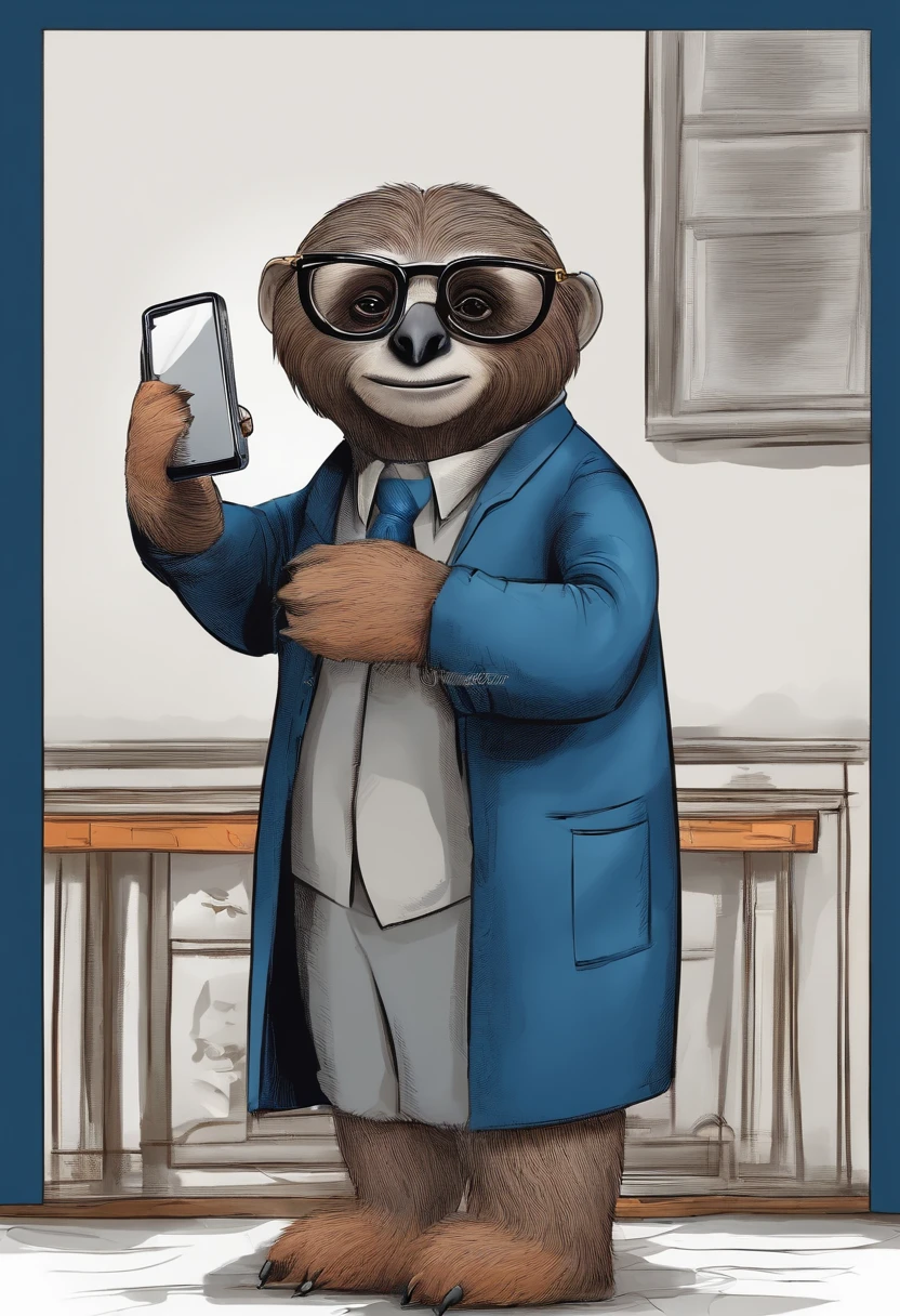 a blue sloth using glasses in stand up position, elderly age, holding a cell phone, white background, cartoon style