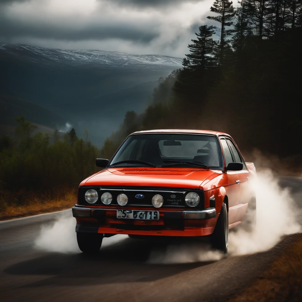 Old subaru car,driving sideways, drifting, smoke from tyres, wet mountain road
