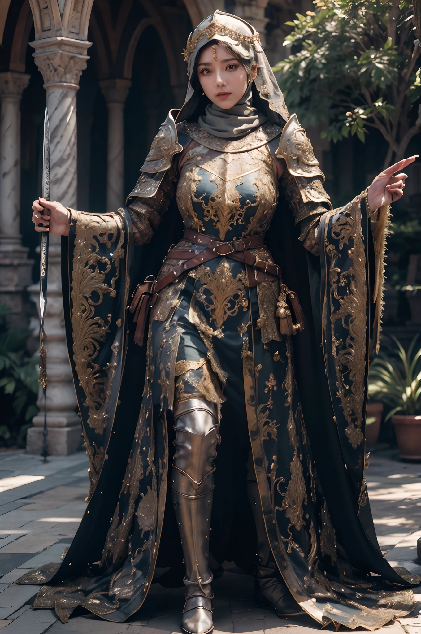 masterpiece, best quality, cinematic light, ultra high res, 8k uhd, intricate details, nature light, film grain, dreamlike, perfect anatomy, best shadow, delicate, RAW>, pleasured expression, spotless face, perfect face, perfect body, expressive eyes, a beautiful woman, amazing beauty, wearing cape hijab, holding sword in front yard of a sultan palace, whole body covered by long dress, wearing full body battle armor, chest cover accessories, non-transparent clothing, kpop idol face, perfect face, perfect body, big chest,