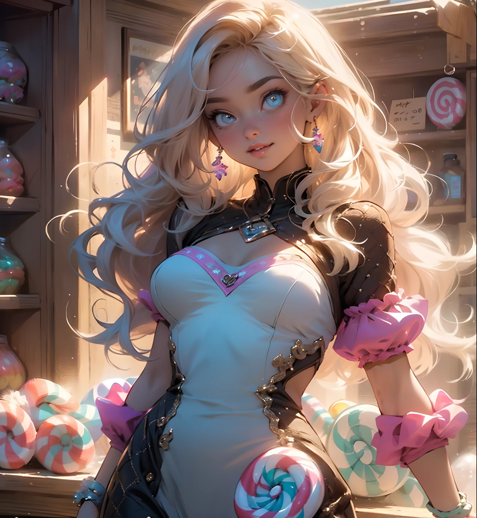 Melancholy lighting, Take it easy, calm, shine, masterpiece, best quality, 1 girl, (JinxLol: 1.2), (ultra photorealistic: 1.3), (masterpiece: 1.4), best quality, ((realistic)), high quality, Ultra Detailed, ((real image)), ((realistic skin)), ((realistic face)), (illustration: 1.05), (beautiful: 1.05), (beautiful detailed eyes: 1.05), (cinematic light: 1.1), full body, accurate proportions, 25-year old girl, CURVY model (wearing cute colorful candy outfit:1.6), (exposing big boobs:1.4),(standing up straight showing outfit:1.8), (in a candy shop filled surrounding:1.7),waves, BLOND hair fluttering in the wind, long legs, slightly open feet, butt, blushing, shyness, clavicle, abs, double texture, beautiful and delicate face, fair skin, real skin, (face detail), couples, super high res, 8k, parameters Best quality, masterpiece, super high res, (Realistic 2.0), more details, detailed skin, wide smile, white teeth, VOLUMINOUS GINGER BLONDIE hair, perfect and well-drawn eyes, girlfriend, cute, pretty, studio illumination, (((PERFECT EVEN EYES:1.1)))
