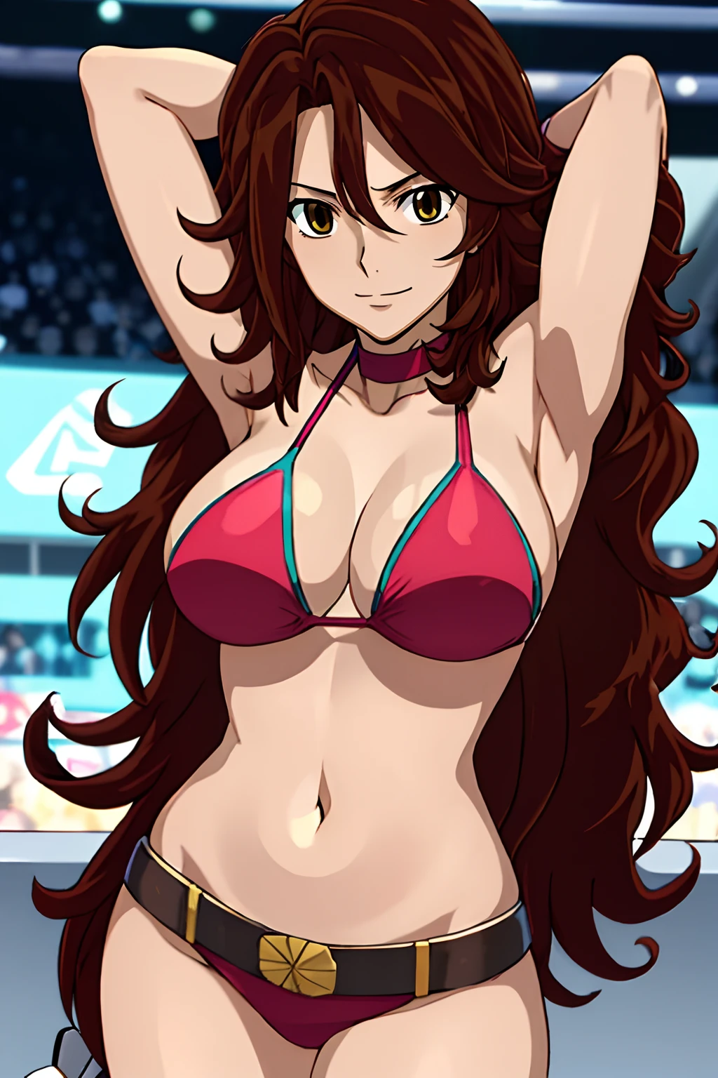curvy belly, titration screen,, Elegant lady, (upper body only), anime style: 1.8, anime drawing, ultra detailed face, ultra detailed body, 4k, Sumergai Lee Noriega, (standing), best quality, anime style, hires, highest definition, digital blending, bold drawing lines, ((wwe diva), (location: wrestling arena, crowds watching), ( big shoulders, slim body, (wrestler body, thick arms, detailed biceps), , broad shoulders, closed fists, (very curvy: 2.8)), ((white bikini, only, white gloves, collar, hand protector, (champion belt on bare belly))), loser, defeated, sad, (pale skin, big breasts, smile), (big eyes, brown eyes), (clapping), ( brown hair, loose hair, curly hair, wavy hair, long hair, missy hair), 27 years old,