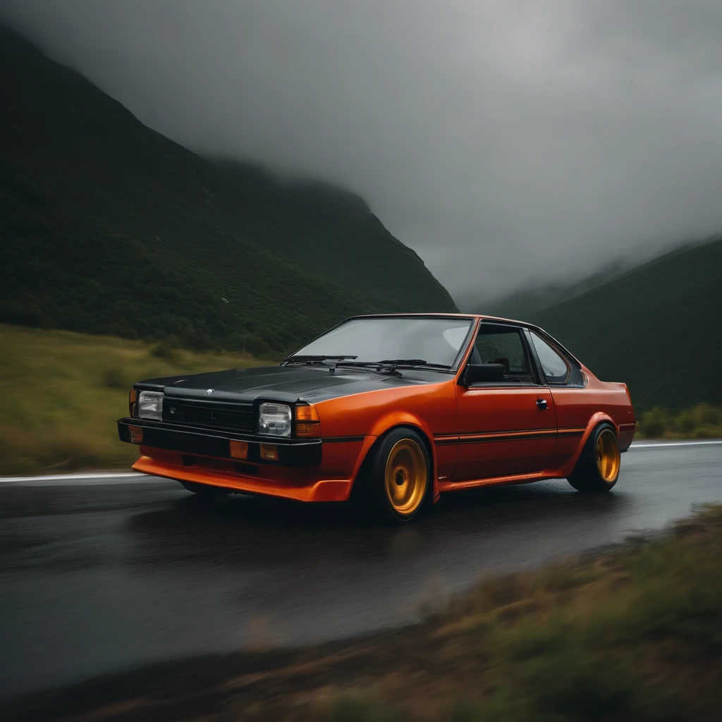 Old nissan car,driving sideways, drifting, smoke from tyres, wet mountain road raw 8k ressolution, no blur