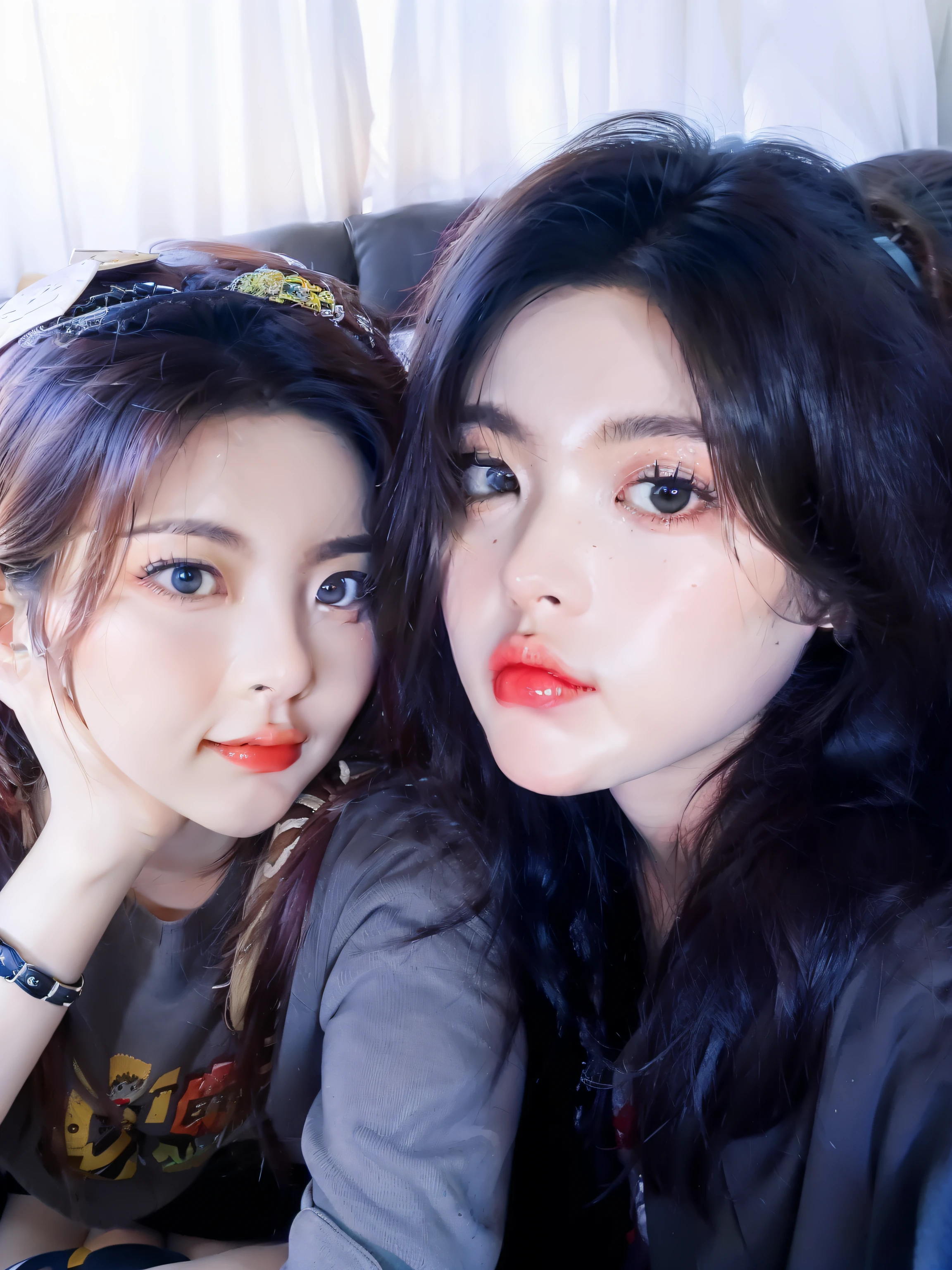 Two women sitting on the sofa，arms folded，Sakimican in the middle, profile photo, exclusive, Song Hee-kyo, jia, both have red lips, 💋 💄 👠 👗, Nixeux and Sakimikan, high qulity（Best Picture Quality, 8K，HDR，Real Photographics：1.2），Extremely detailed（Extremely detailed description，Physical rendering），Fine illustrations，Sharp focus，Professionally made，vibrant with colors，Lively color，Soft light effect, individuality（Creative art in a unique style）
