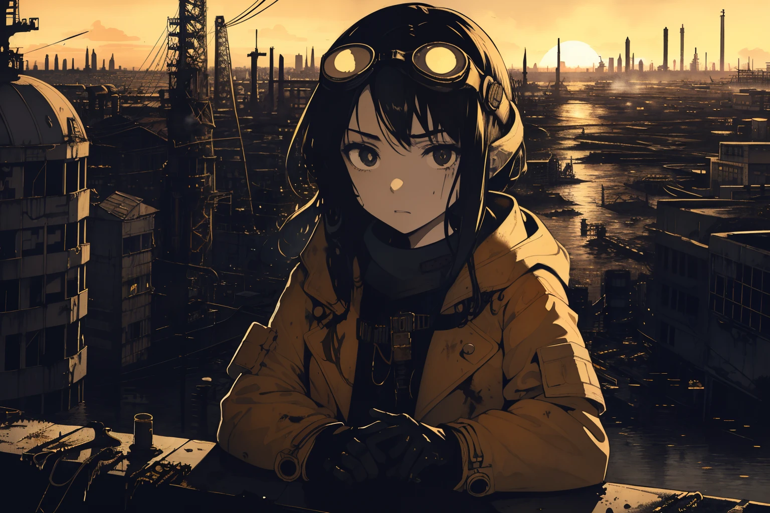 masterpiece, best quality, 1girl, (closeup), engineer, machinist, (yelow coat), (goggles on head), serious, dirty face, dirty clothes, on the roof, cityscape, flooded, industrial ruins, warm, desolate, dark, sunset, watercolor, sketch